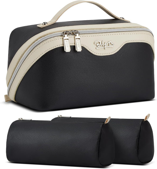 BOYATU Travel Makeup Bag Organizer Cosmetic Bag: 3 Pcs Set Make up Bags for Women with Handle - Waterproof Vegan Leather Toiletry Bags with Comparments (D-03-Black)
