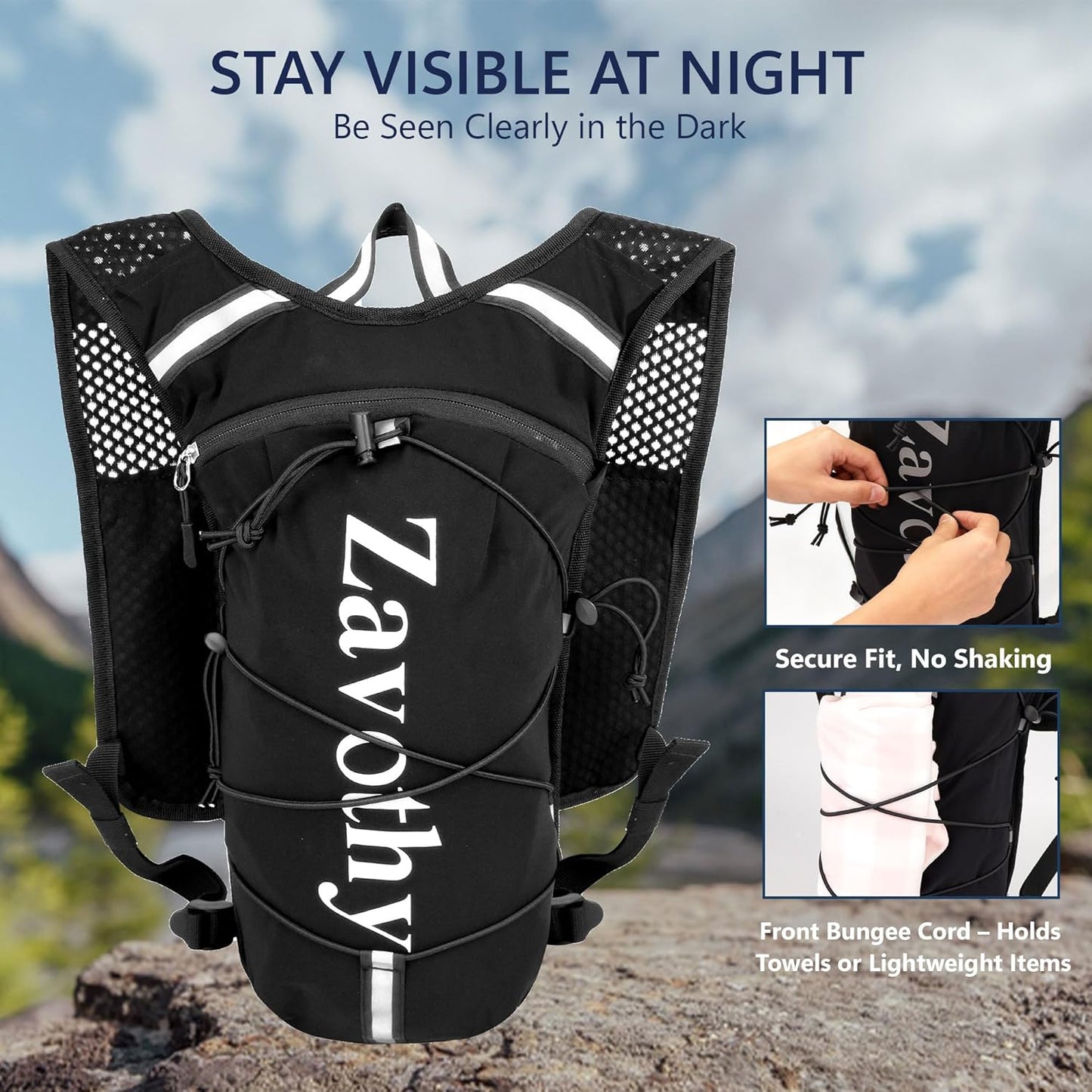 Zavothy Hydration Running Vest for Men & Women – Lightweight 1.5L Hydration Pack with Phone Pockets, Water Bottle Holders, Reflective Strips, Rain Cover – Trail Running, Cycling, Marathon