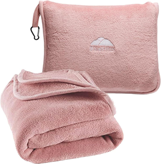 BlueHills Premium Soft Long Travel Blanket Pillow for Tall Airplane Flight Blanket 70 X48 inch Throw in Soft Bag case with Backpack Clip Compact Large Plane 2 in 1 Combo Pink T055
