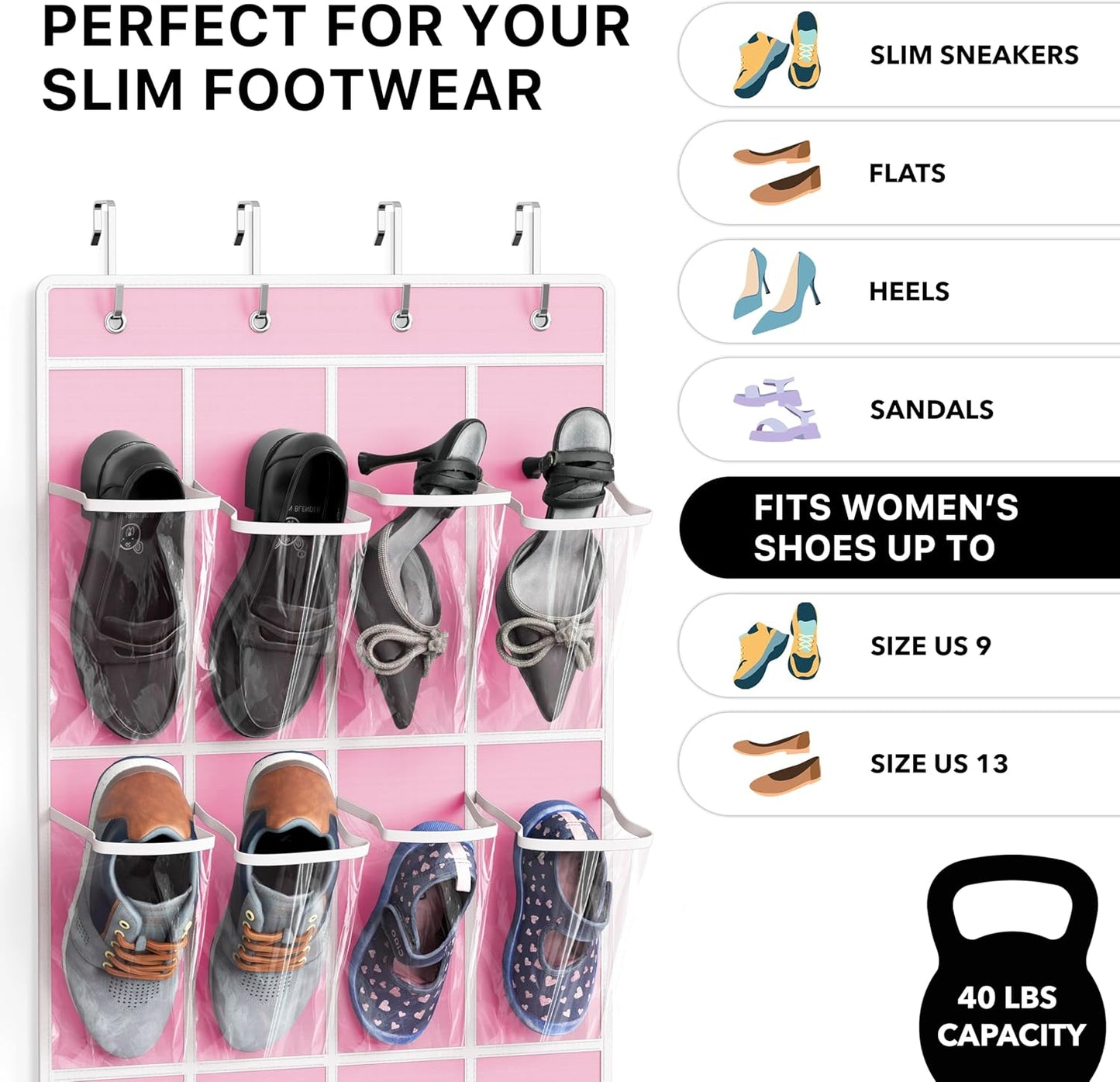 Simple Houseware 24 Pockets - Crystal Clear Over The Door Hanging Shoe Organizer, Pink (64'' x 19'')