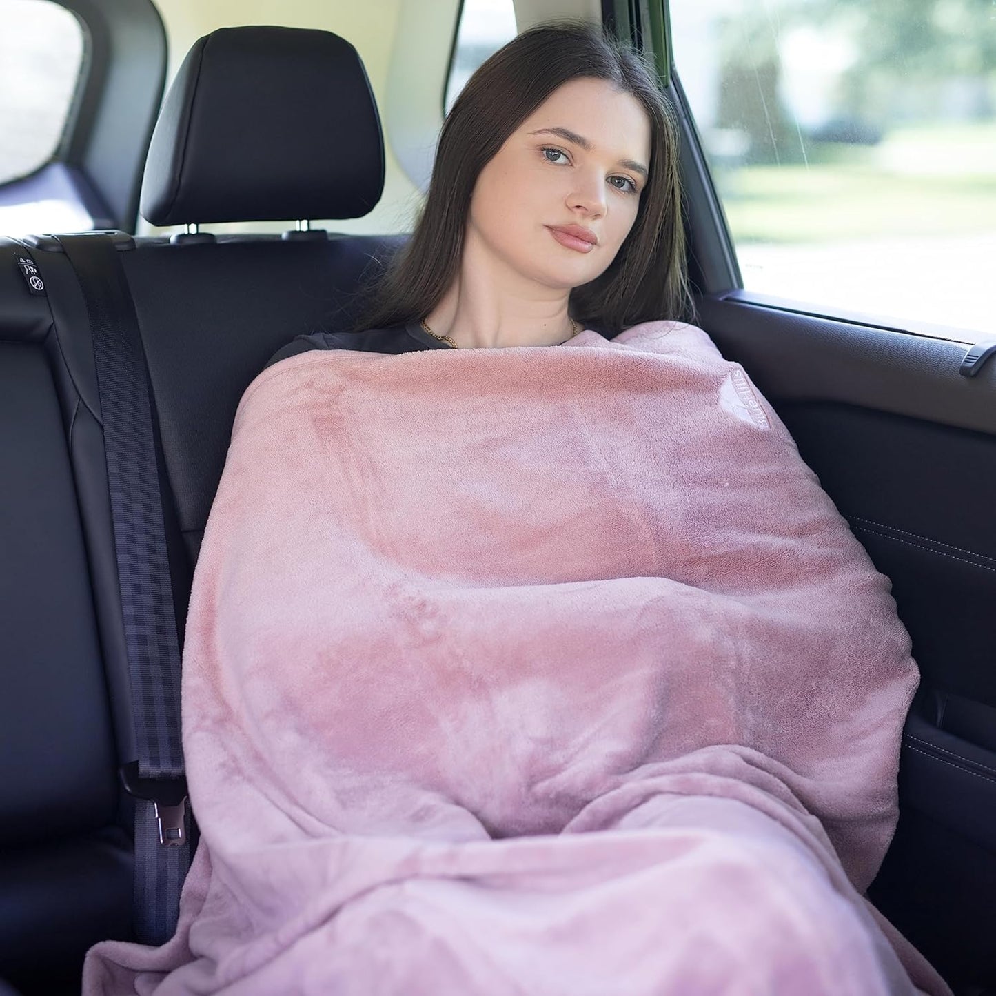 BlueHills Premium Soft Long Travel Blanket Pillow for Tall Airplane Flight Blanket 70 X48 inch Throw in Soft Bag case with Backpack Clip Compact Large Plane 2 in 1 Combo Pink T055