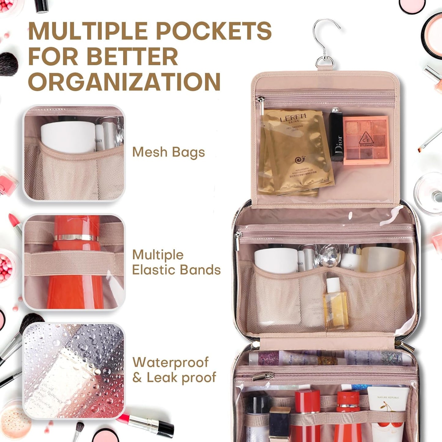 Hanging Toiletry Bag for Women Travel, 2 Sizes Large & Small Waterproof Cosmetic Organizer with 4 Compartments, Rotating Hook, Foldable Pink Travel Bag for Toiletries & Makeup - Medium Beige