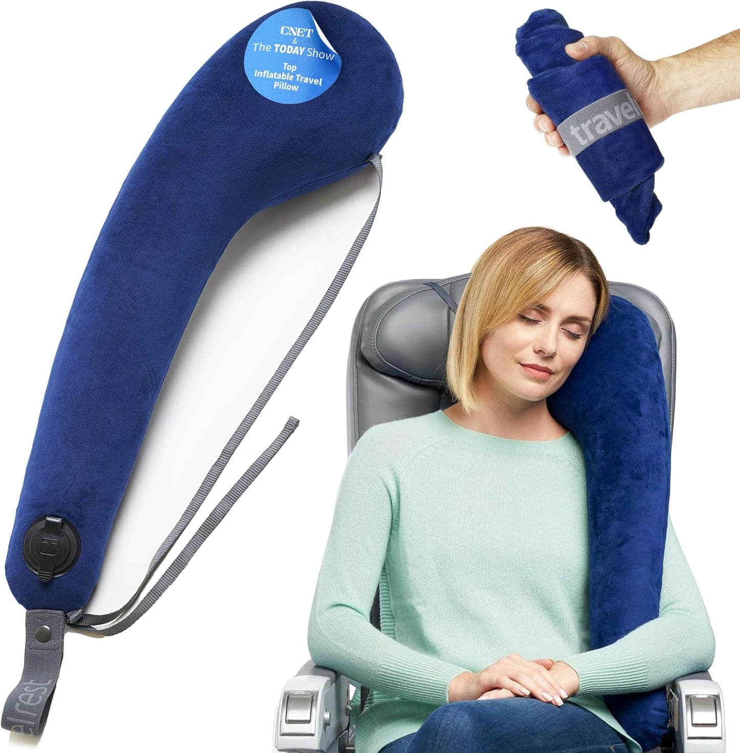 TRAVELREST All-in-One Neck & Body Pillow, Advanced Support Design, Travel Essential, Memory Foam Inserts, Inflatable, Airplane & Car Seat, Sleeping on Long Flight & Trips, Blue (Washable Velour Cover)