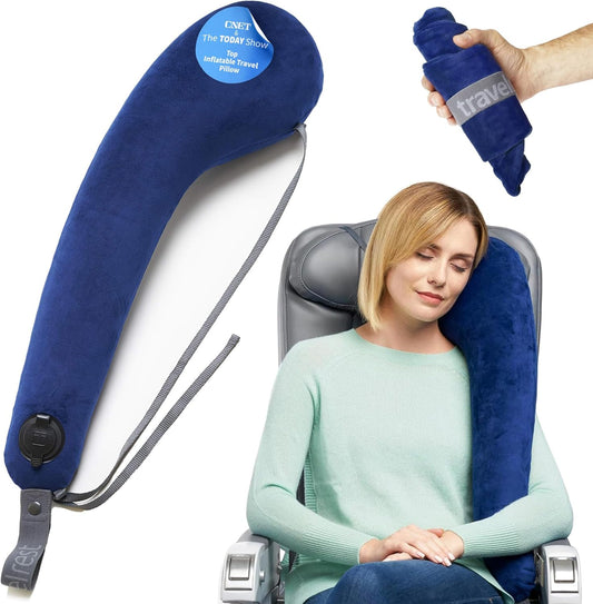 TRAVELREST All-in-One Neck & Body Pillow, Advanced Support Design, Travel Essential, Memory Foam Inserts, Inflatable, Airplane & Car Seat, Sleeping on Long Flight & Trips, Blue (Washable Velour Cover)