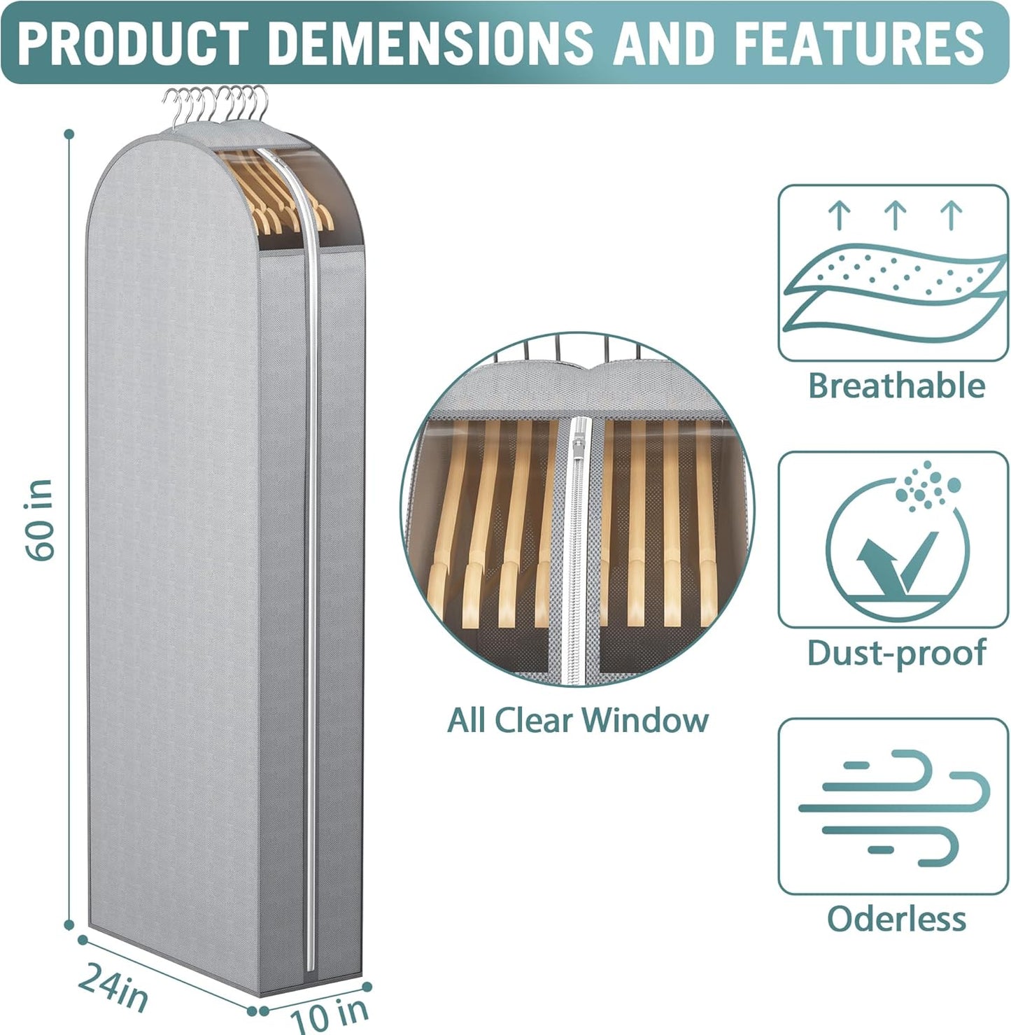 10" Gusseted Garment Bags for Hanging Clothes with clear window, 60" Suit Bags for Open Closet Storage, Clothing Cover for Coat, Dress, Jacket, Shirt, Fur Wardrobe Protector, 3 Packs