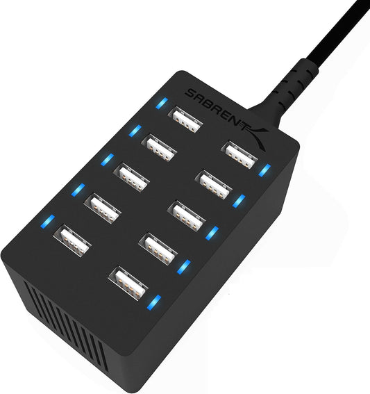 Sabrent 60 Watt (12 Amp) 10-Port [UL Certified] Family-Sized Desktop USB Rapid Charger. Smart USB Ports with Auto Detect Technology [Black] (AX-TPCS)