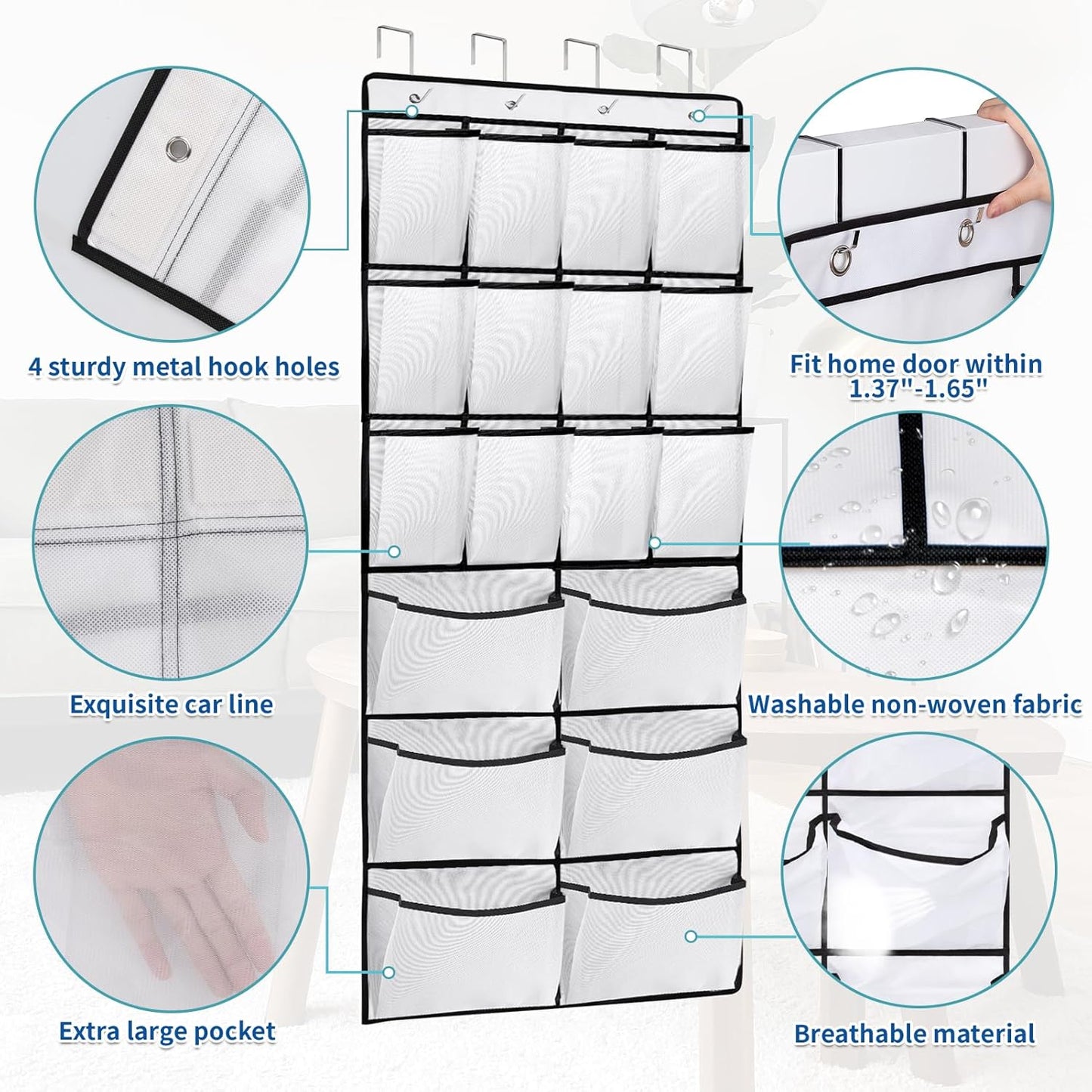 2 Packs Over the Door Shoe Organizer, 36 Large Mesh Pockets Hanging Shoe Boots Rack Holder, Closet Hanging Organizers for Storage Sneakers High Heeled Shoes Slippers (White)