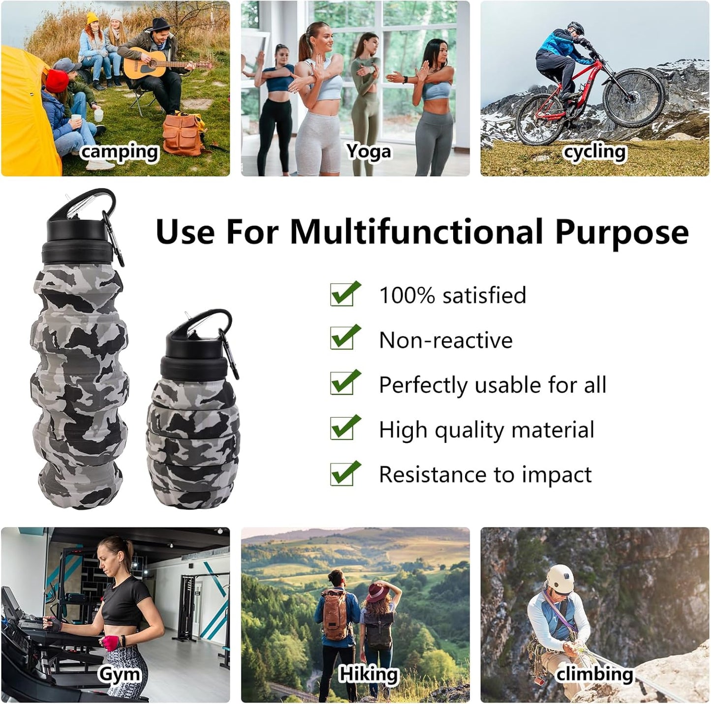 Collapsible Travel Water Bottle18oz, Reuseable Silicone Foldable Water Bottles for Gym Camping Hiking, Portable Leak Proof Sports Water Bottle with rugby Carabiner (Grey)