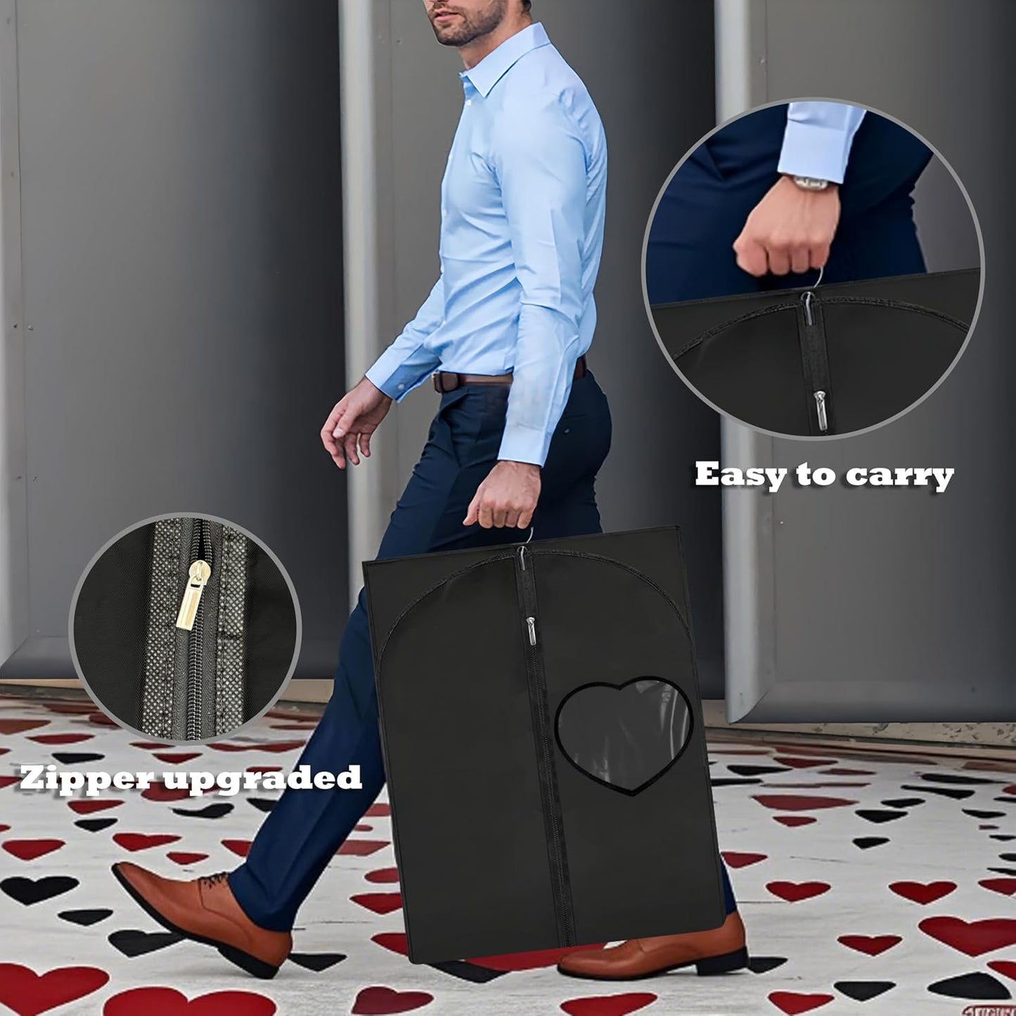 Dress Bags for Gowns Long, 45'' Garment Bags for Hanging Clothes, Suit Bag Cover for Storage and Travel, with Clear Heart Window, 2 Pack (Black)