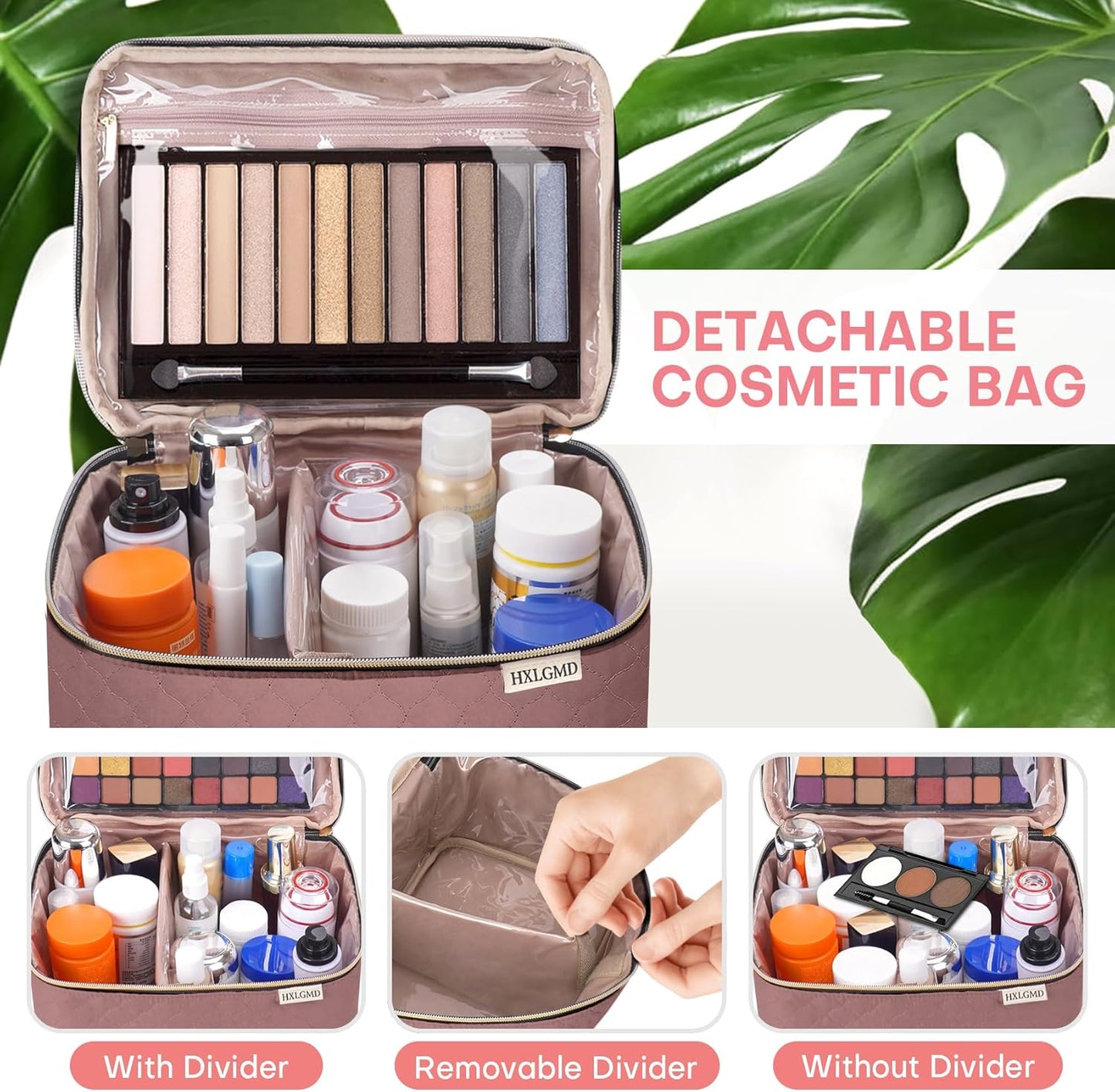 Large Makeup Bag with Mirror Double Layer Travel Make Up Organizer Case, Large Capacity Coemetic Bag with Brush Slot Divider