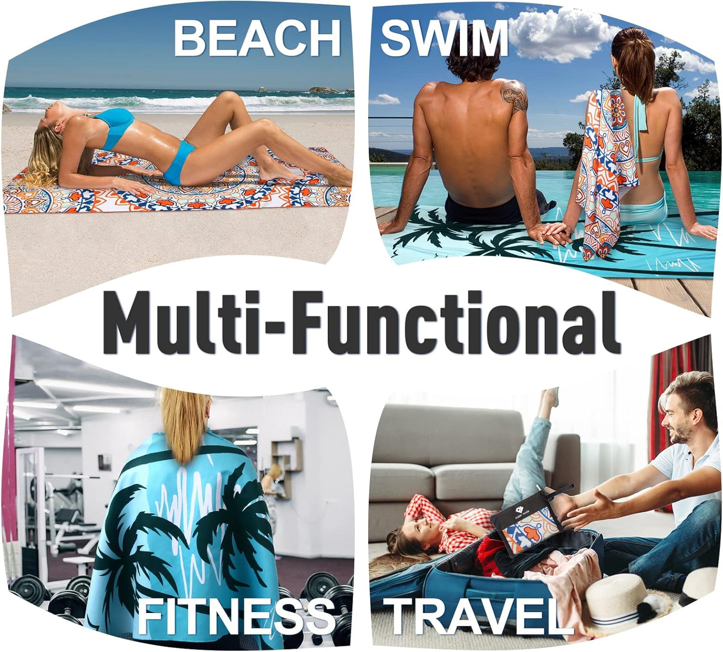 2 Pack Oversized Microfiber Beach Towel, 75'x 35', Sand-Free, Quick Drying, Super Absorbent