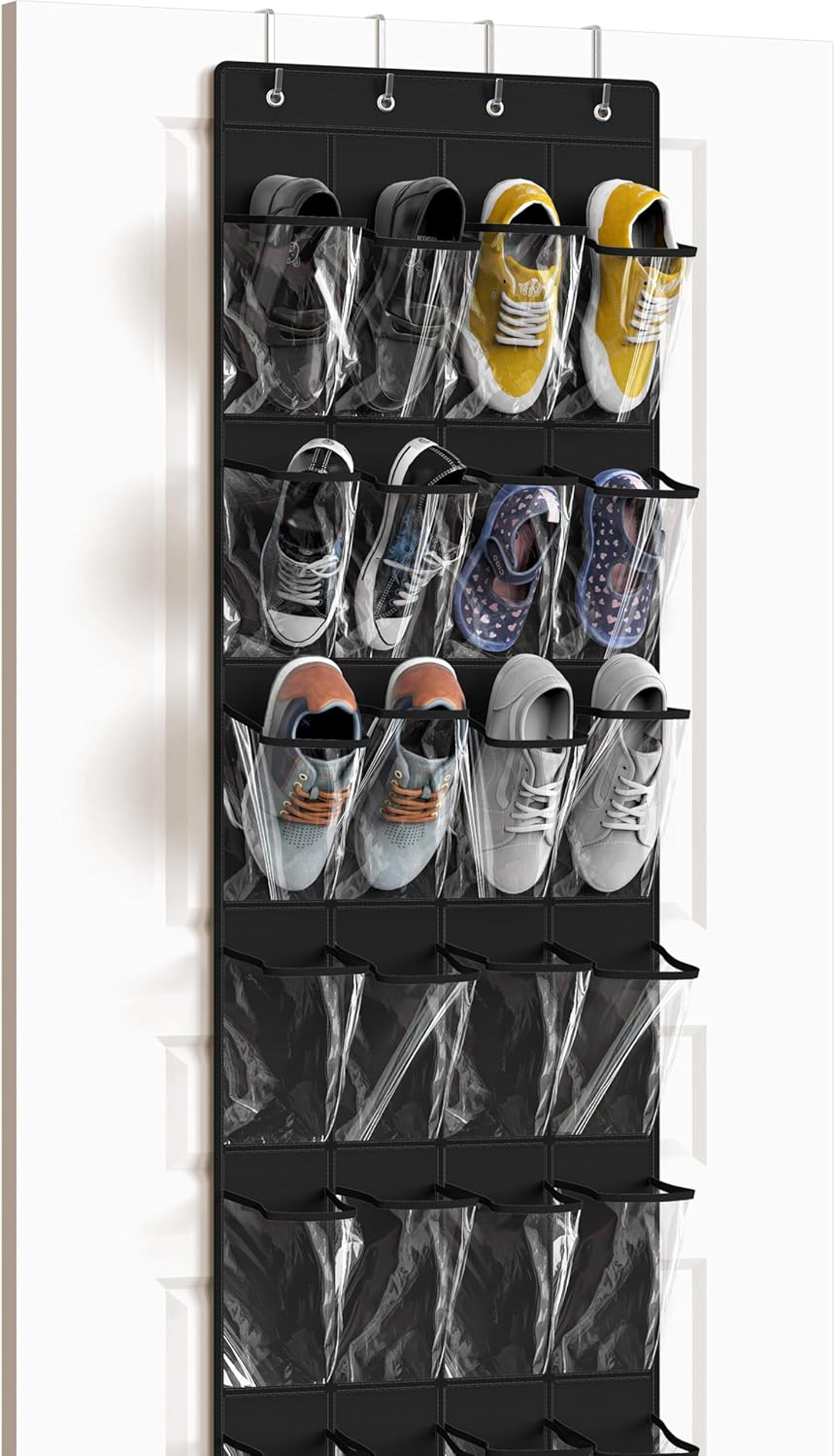 Simple Houseware 24 Pockets - Crystal Clear Over The Door Hanging Shoe Organizer, Black (64'' x 19'')