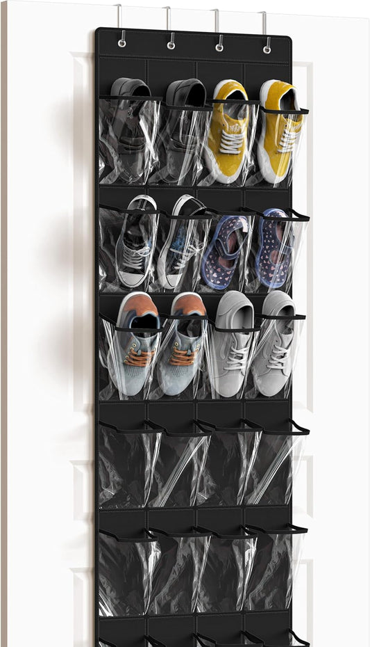 Simple Houseware 24 Pockets - Crystal Clear Over The Door Hanging Shoe Organizer, Black (64'' x 19'')