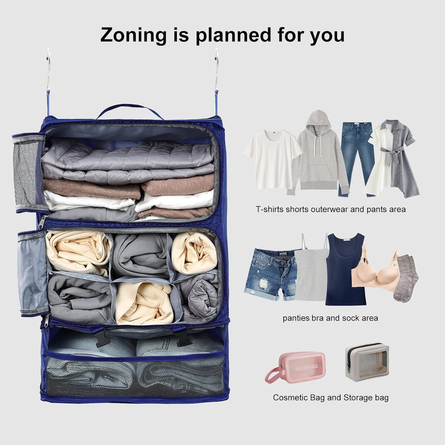 TABITORA Travel Portable Hanging Shelves Closet Organizer Packing Luggage Organizer and Storage with Multifunctional and Foldable Invisible Compartment,Lightweight,for Suitcase, RV,Closet…Blue,XL