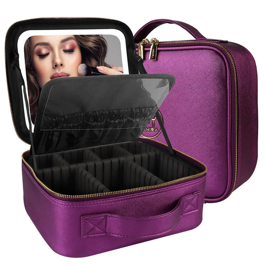 MOMIRA Travel Makeup Bag Cosmetic Bag Makeup Organizer Bag with Lighted Mirror, Adjustable Brightness in 3 Color Scenarios, Waterproof Makeup Train Case, Gift for Women - Brilliant Purple