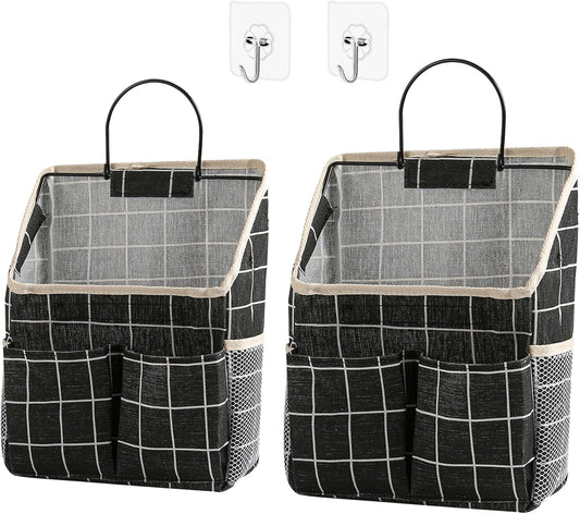 2pcs Wall Hanging Storage Bag,Wall Hanging Organizer Bags with Pockets, Wall Organizer Storage for Dormitory Bathroom Bedroom Kitchen(Black Grid)