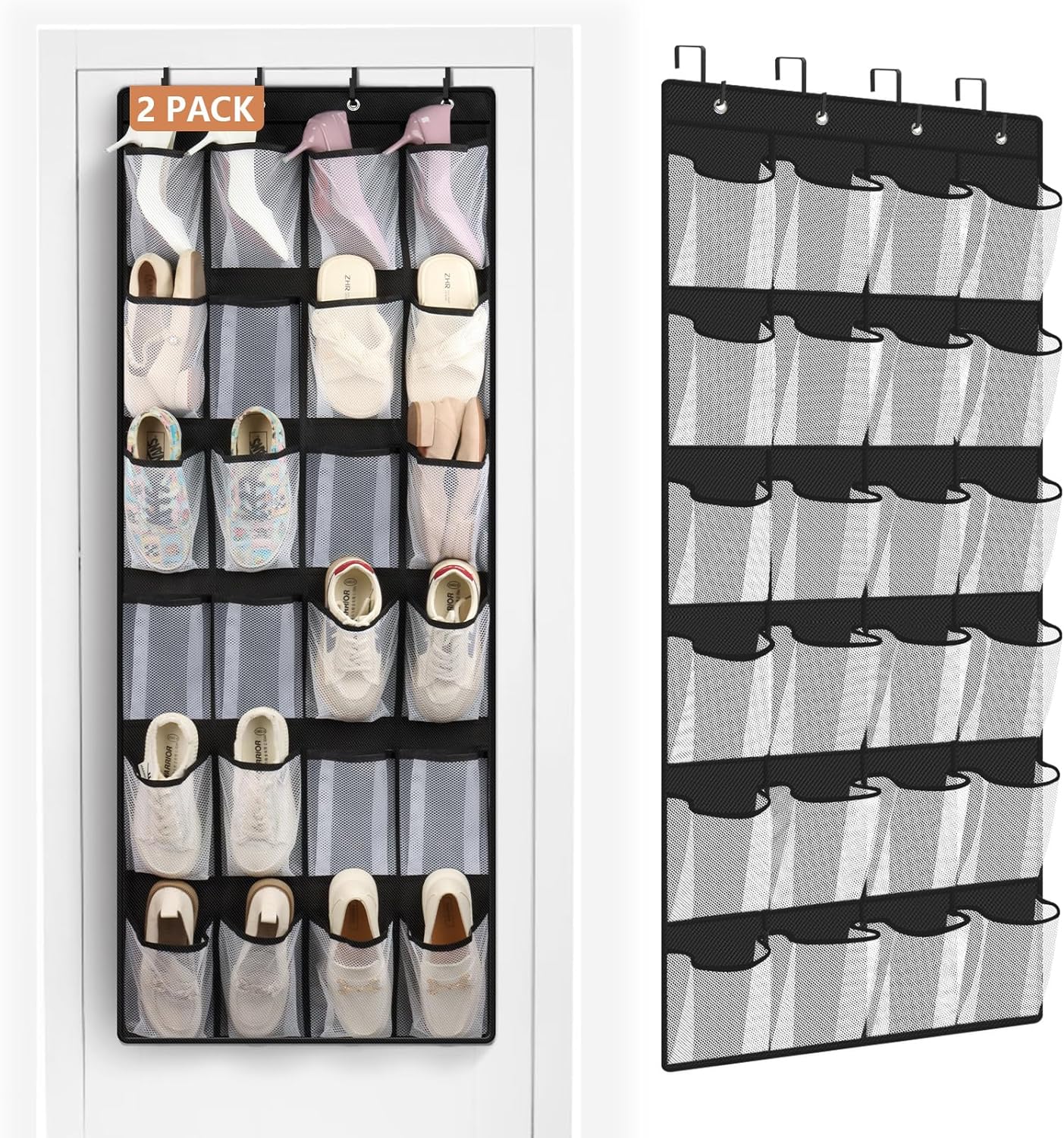 FENTEC 2 Pack Large Over The Door Shoe Organizer, 24 Pockets Mesh Hanging Shoe Organizers, Over Door Organizer, Black