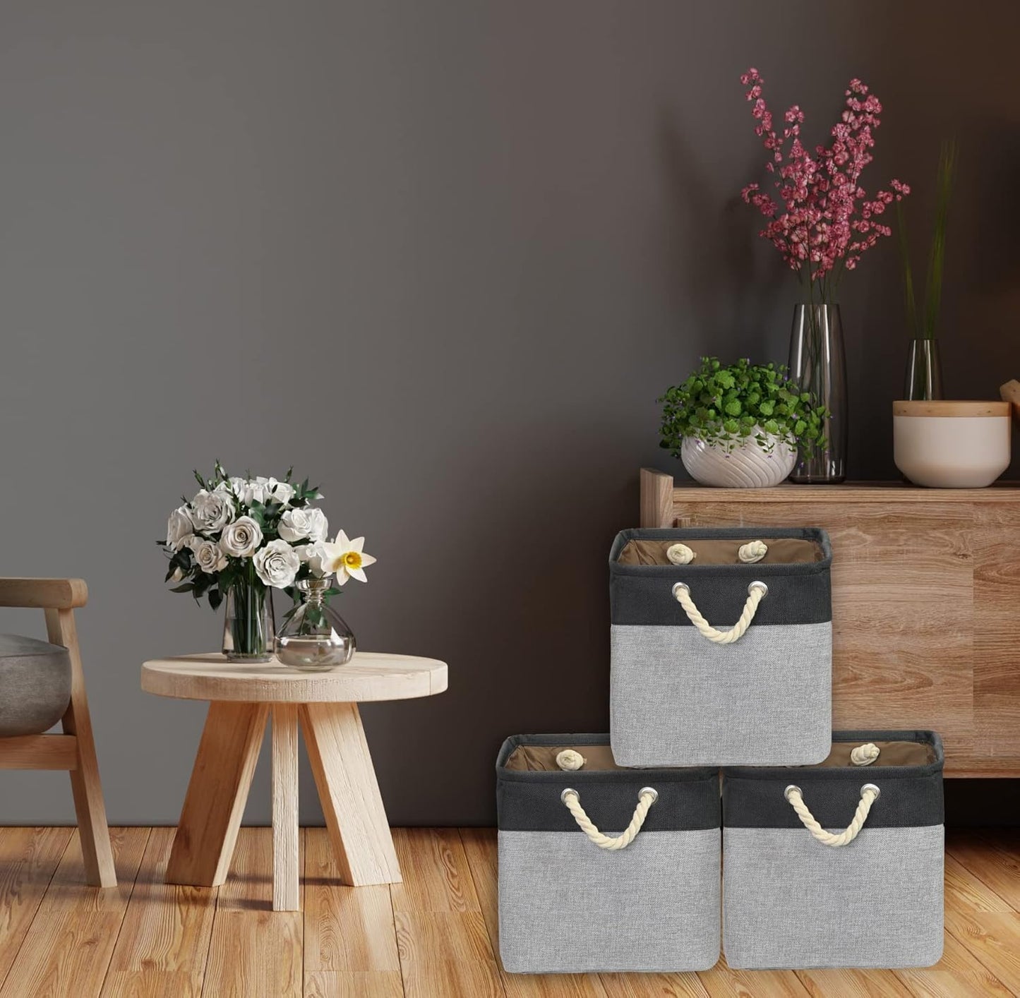 Simple Houseware Fabric Storage Cubes, 13" x 13" Storage Bin, 3 Pack, Dark Gray