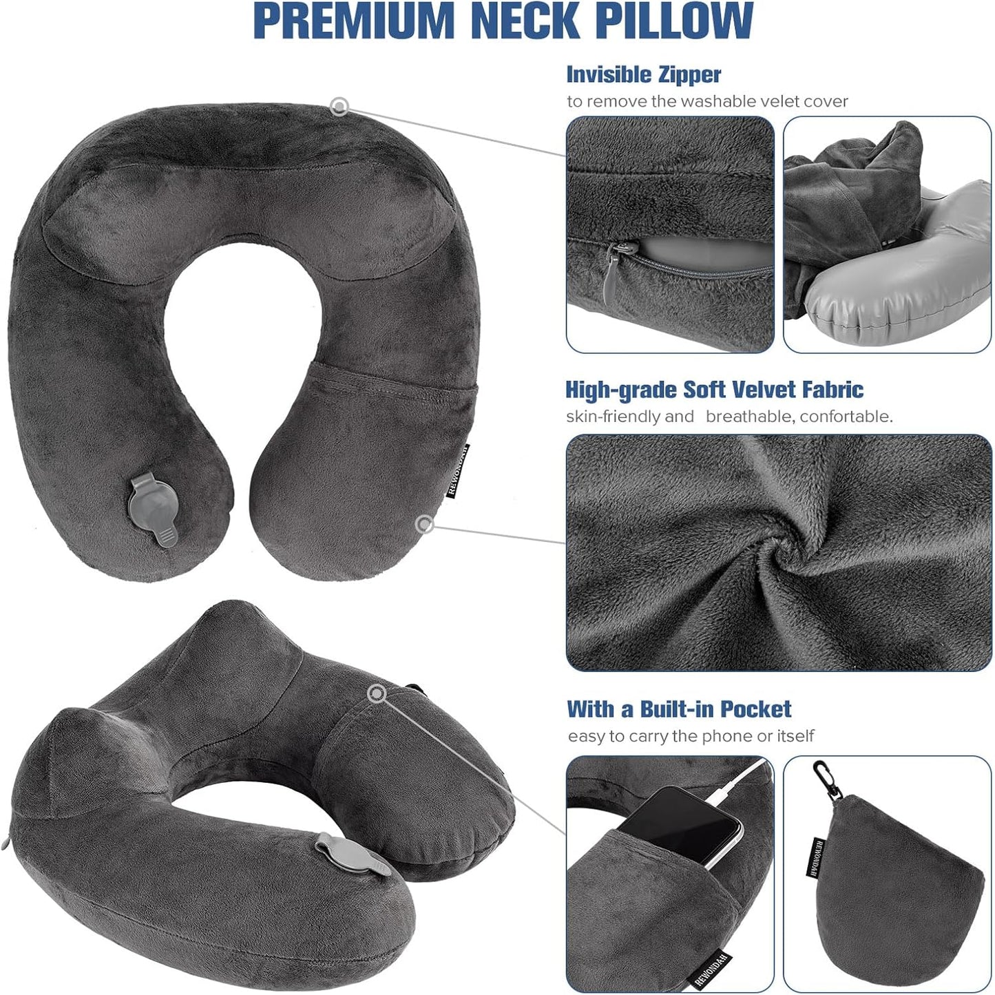 Rewondah Inflatable Travel Pillow for Sleeping Airplane - Inflatable Neck Pillow for Traveling on Plane with Washable Cover, Blow up Neck Travel Pillow for Airplanes, Cars - Portable and Comfortable