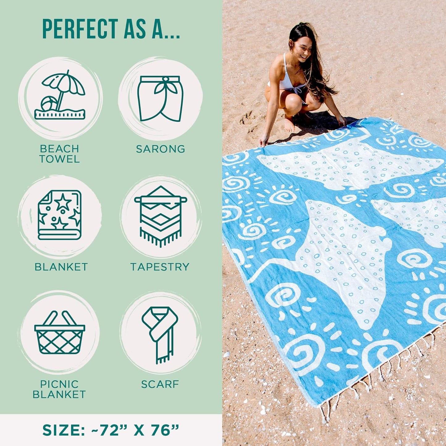 Sand Cloud Extra Large Turkish Beach Towel - Sand Free - 100% Organic Turkish Cotton Yarn - Quick Dry Towel for Beach, Picnic, Blanket or Bath - As Seen on Shark Tank - Marine Life (Manta Ray)
