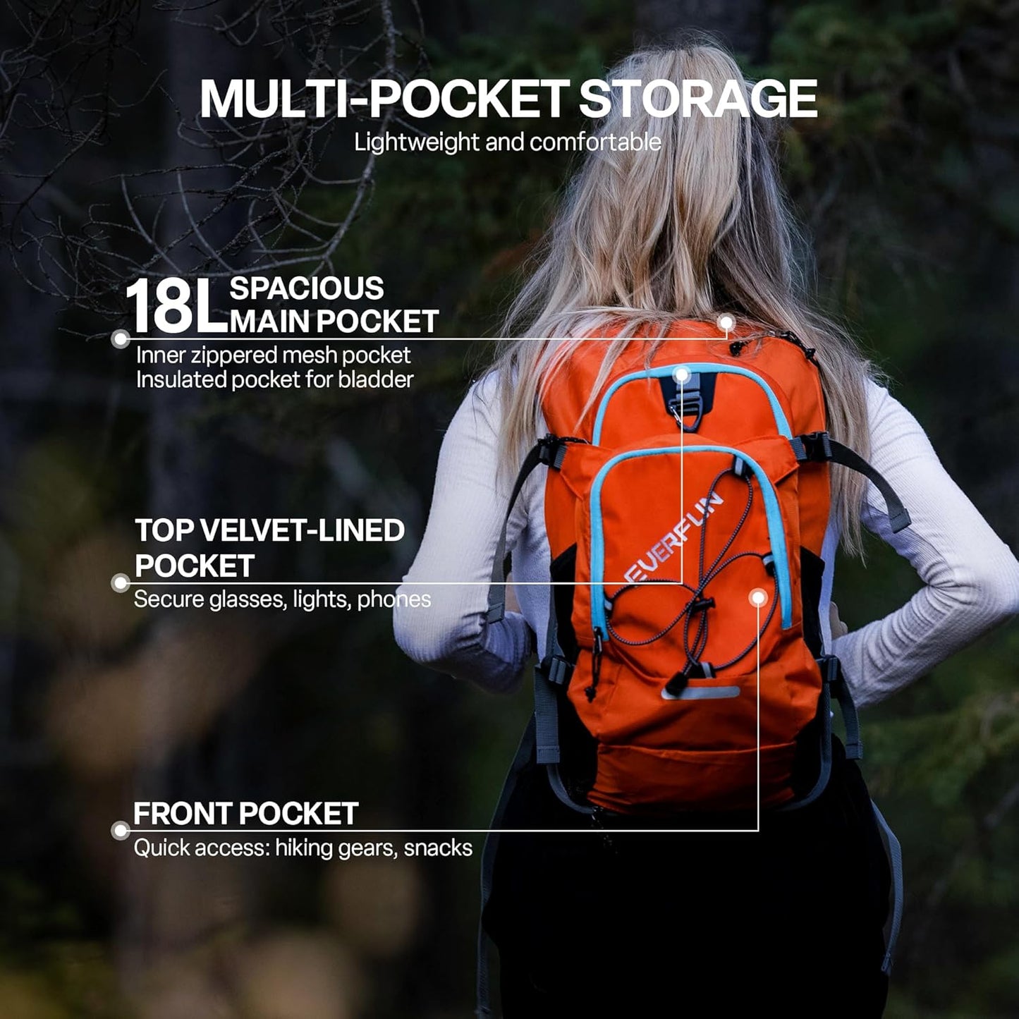 Everfun Hydration Backpack 18L with Water Bladder 2L/3L Hiking Water Backpack Women Men Hydration Pack Insulated Lightweight Day Hydropack with Storage for Hiking, Biking, Running, Festival