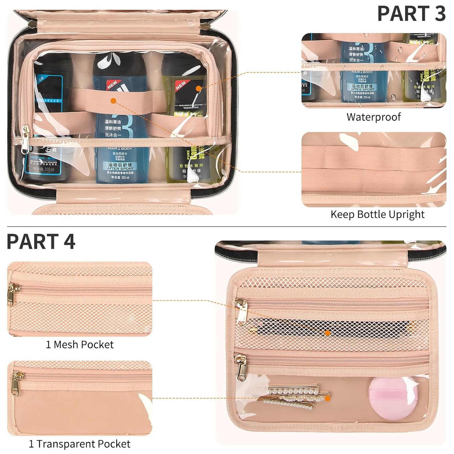 CUBETASTIC Hanging Travel Toiletry Bag, Portable Travel Makeup Bag with Handle, Waterproof Nylon Cosmetic Organizer Pouch with 360° Hanging Hook (B#-Black, Medium(Pack of 1))