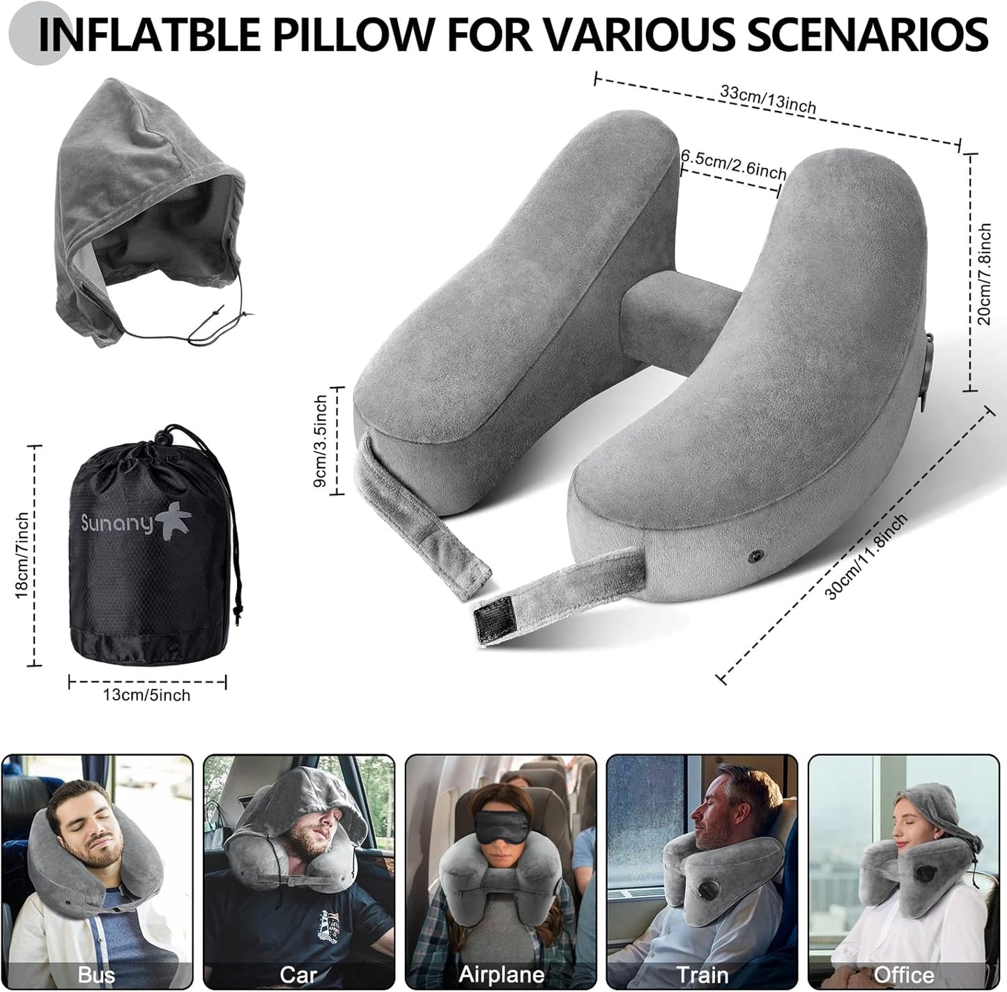 Sunany Neck Pillow for Travel Inflatable Airplane Pillow Comfortably Supports Head,Neck and Chin,Inflatable Travel Pillow with Soft Velour Cover,Hat,Portable Drawstring Bag (Grey)