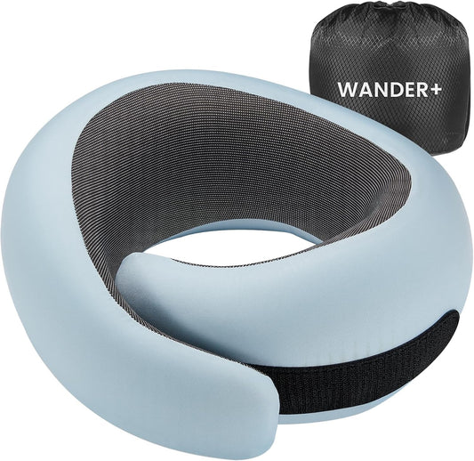 WANDER PLUS® Travel Neck Pillow, Memory Foam Neck Pillow for Airplanes, Comfortable Breathable Cover, 360 Degree Support Ergonomic Design Best for Sleeping Plane Train Travel Essentials Max Sky Blue