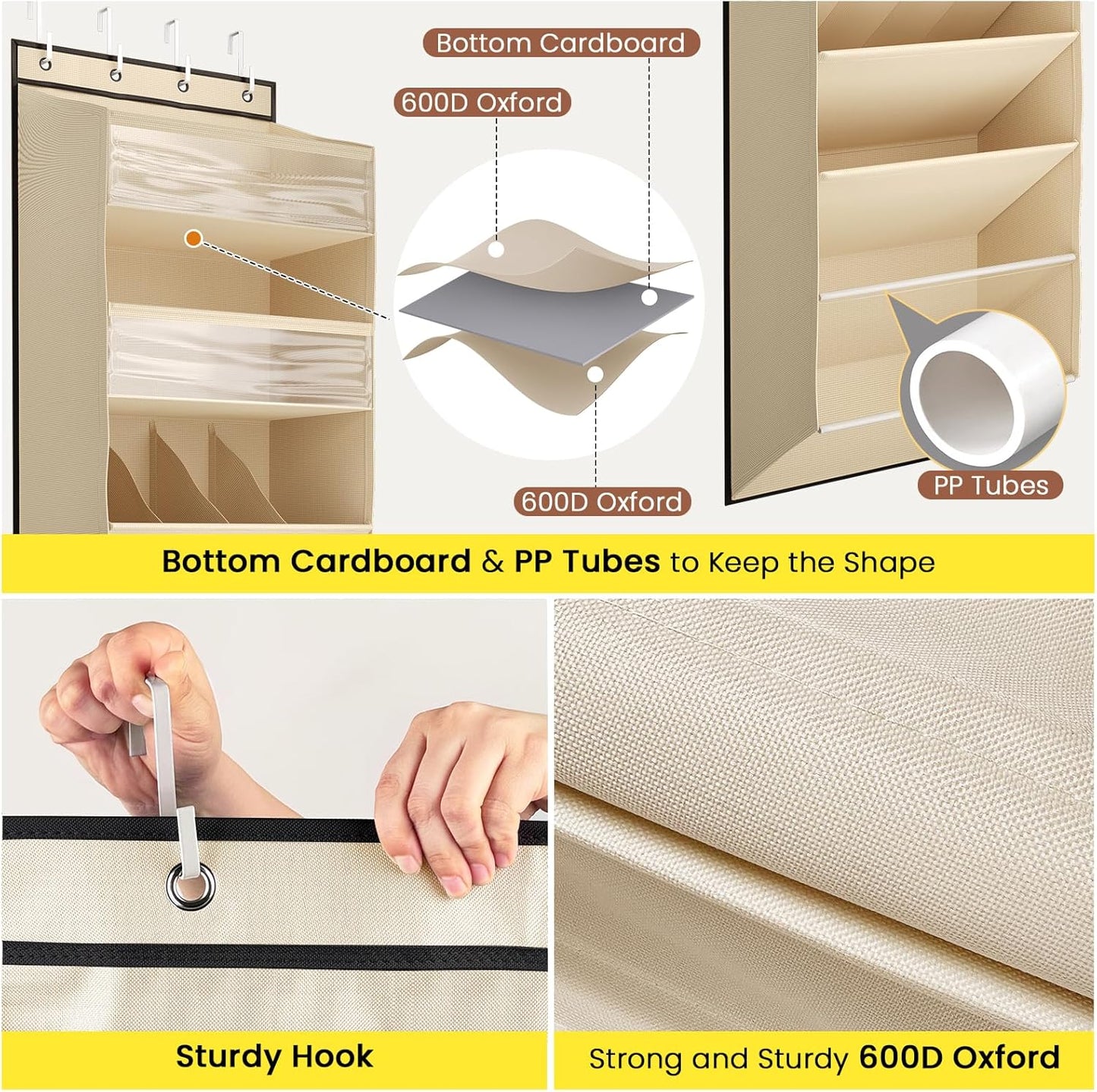 Over the Door Shoe Organizer for Closet, Shoes Rack with 8 Tier Large Deep Pockets, Hanging Shoe Organizers for Boot Storage, Behind the Door Narrow Shoe Holder for Small Shoes, Beige