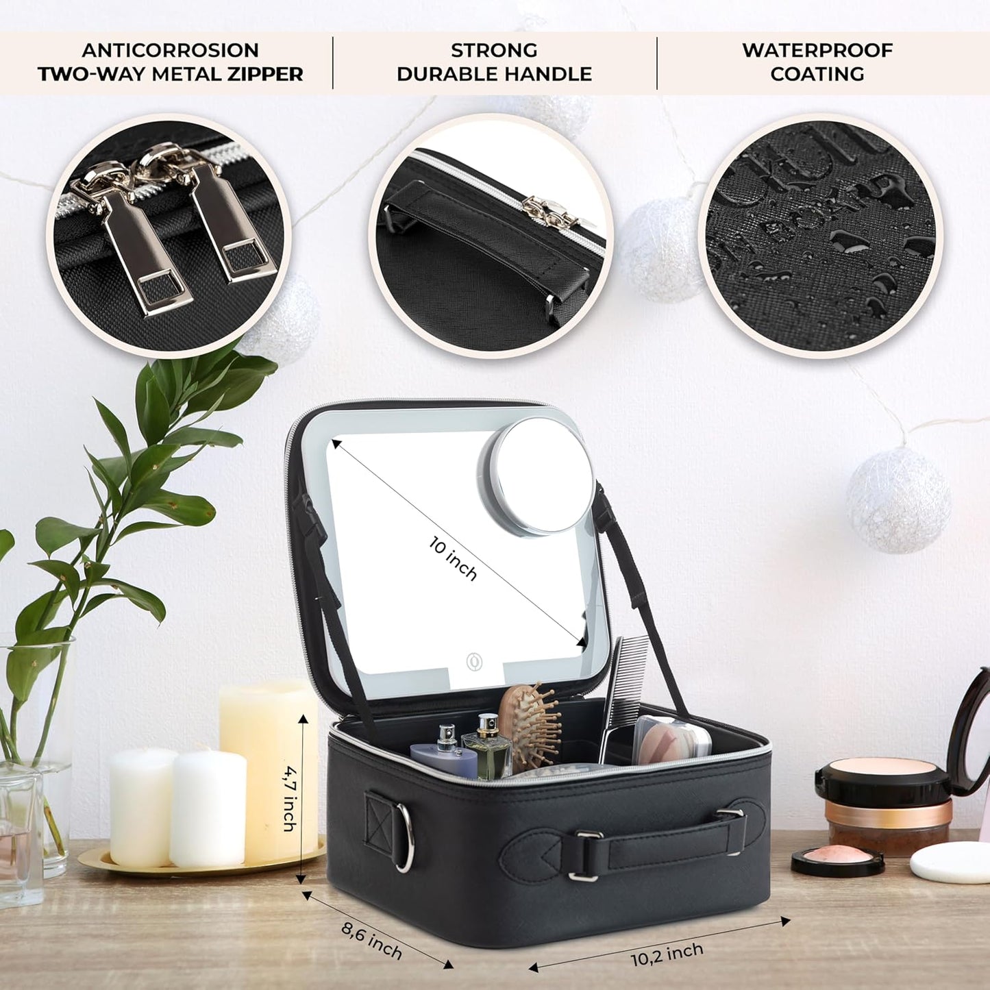 Makeup Bag with LED Mirror, PU Leather Makeup Case - 3 Adjustable Brightness Levels, Lighted Cosmetic Case with Mirror, Dividers - Make Up Portable Storage Travel Organizer with Handle