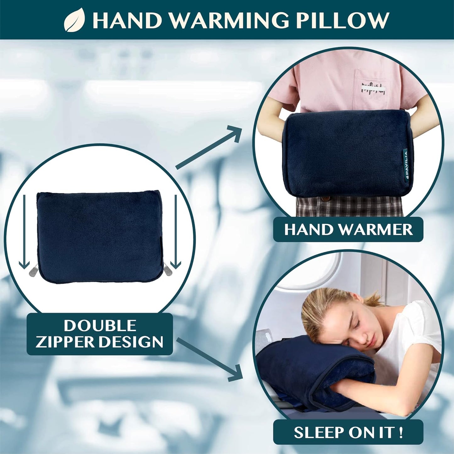 PAVILIA Travel Blanket Pillow, Soft Airplane Blanket 2-IN-1 Combo Set, Plane Blanket Compact Packable, Flight Essentials Car Pillow, Travelers Gifts Accessories Luggage Backpack Strap, 60x43 Navy Blue