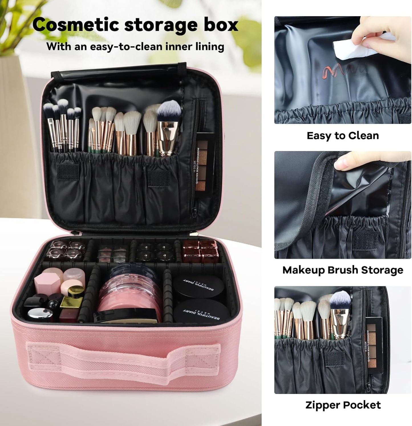 Travel Makeup Bag Makeup Cosmetic Train Case Organizer Portable Storage Bag with Adjustable Dividers for Cosmetics Makeup Brushes Toiletry Jewelry Pink
