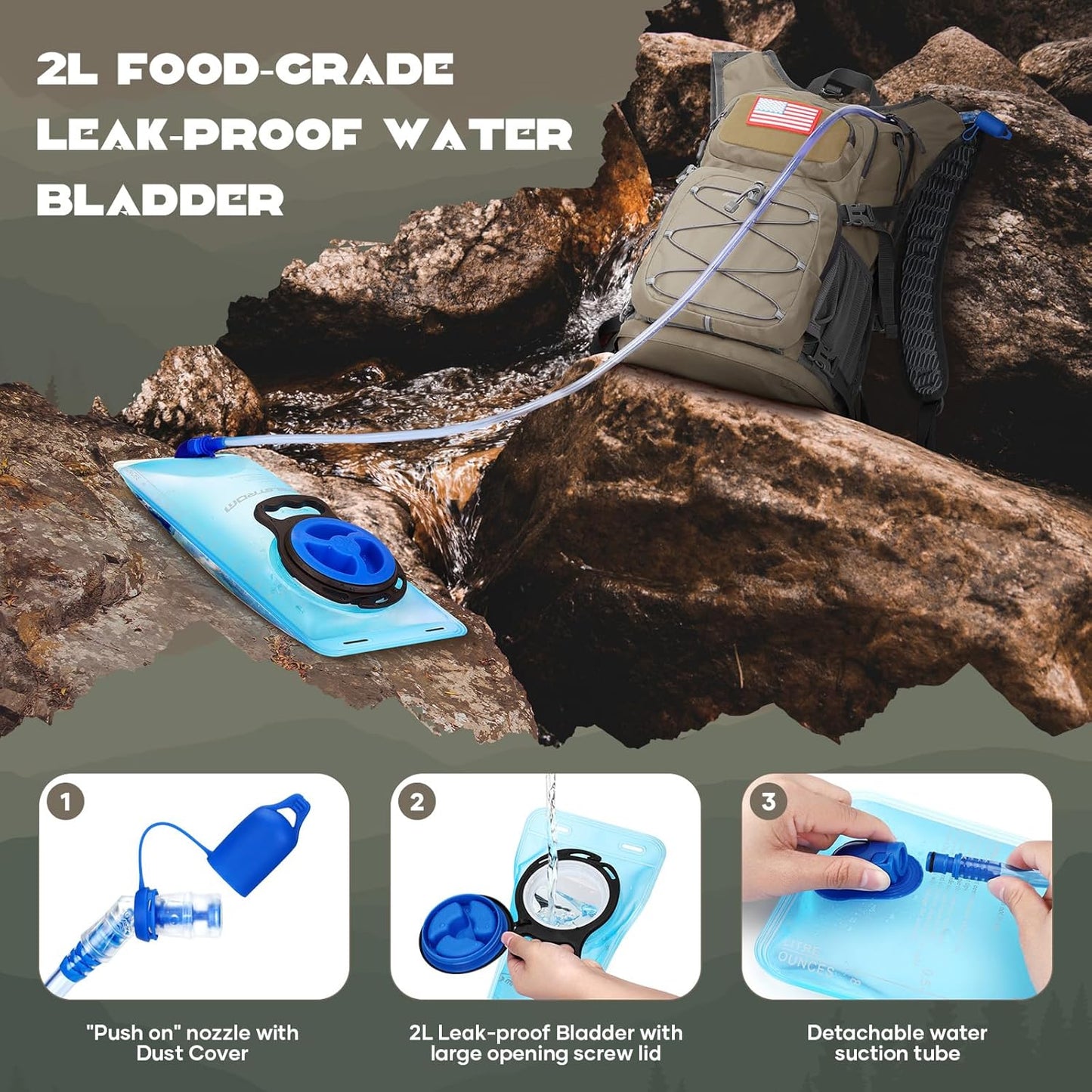 Maelstrom Hydration Hiking Backpack with 2L/3L Water Bladder, High Flow Bite Valve Camping Daypack Lightweight