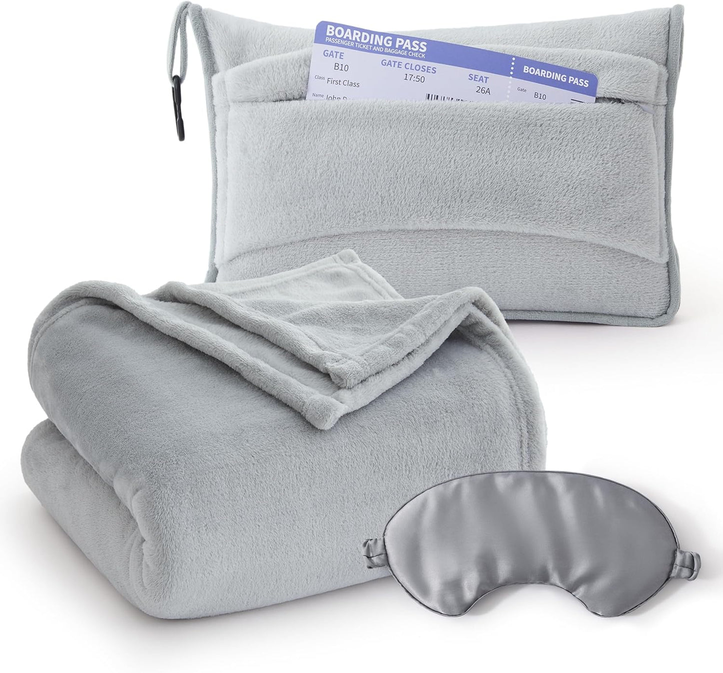 Bedsure Travel Blanket Airplane Compact with Storage Bag, Packable Blanket with Eye Mask, Lightweight 2-in-1 Travel Essentials, Functioned as Pillow for Airplane Comfort and Warmth, Grey