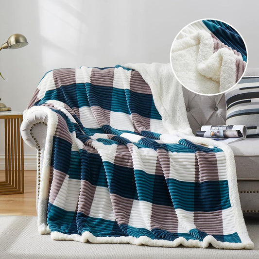 PU MEI Sherpa Blanket Twin Plaid Thick Bed Blanket, 60”*80” Super Soft Flannel Fuzzy Fleece Reversible Velvet Plush Warm Blanket for Couch (Teal Check, 60"*80")