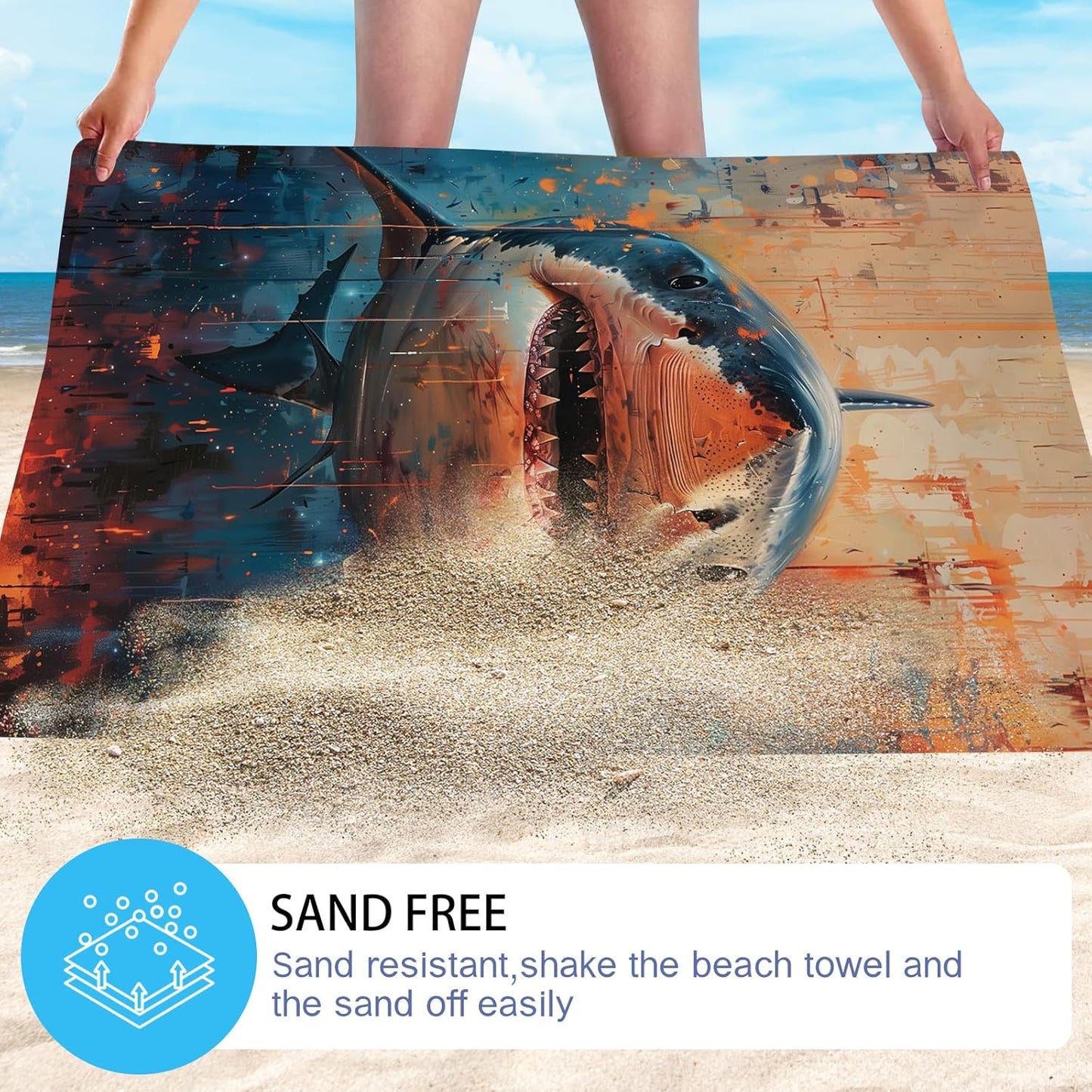 WZOMT Shark Beach Towel, Microfiber Shark Fishing Towel, Retro Ocean Fish Blue Orange Bath Towel for Kids Boys, Quick Dry Sand-Free Absorbent Towel for Pool Swim Travel, Oversized 32x52 Inch