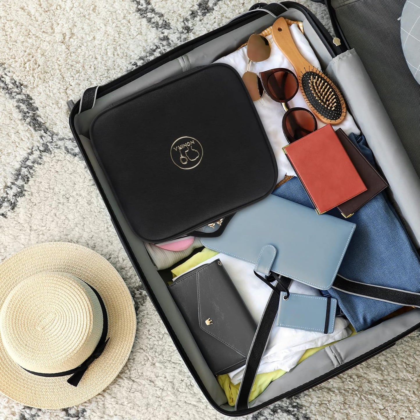 MOMIRA Travel Makeup Bag Cosmetic Bag Makeup Organizer Bag with Lighted Mirror, Adjustable Brightness in 3 Color Scenarios, Waterproof Makeup Train Case, Gift for Women - Black