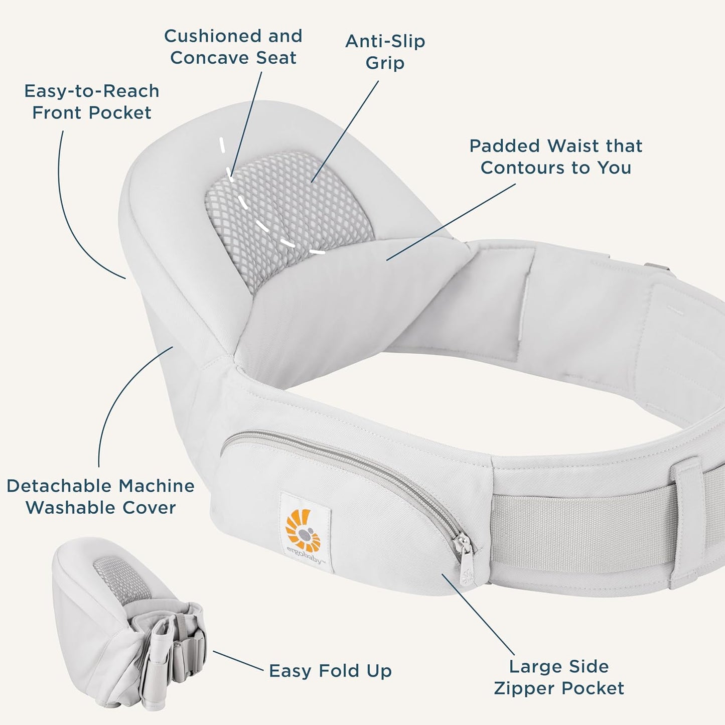 Ergobaby Lift Ergonomic Baby Hip Seat Carrier with Storage, Comfortable Wide Waistbelt and Lumbar Support (17lbs - 45lbs) - Anti-slip Toddler Carrier - Pearl Grey