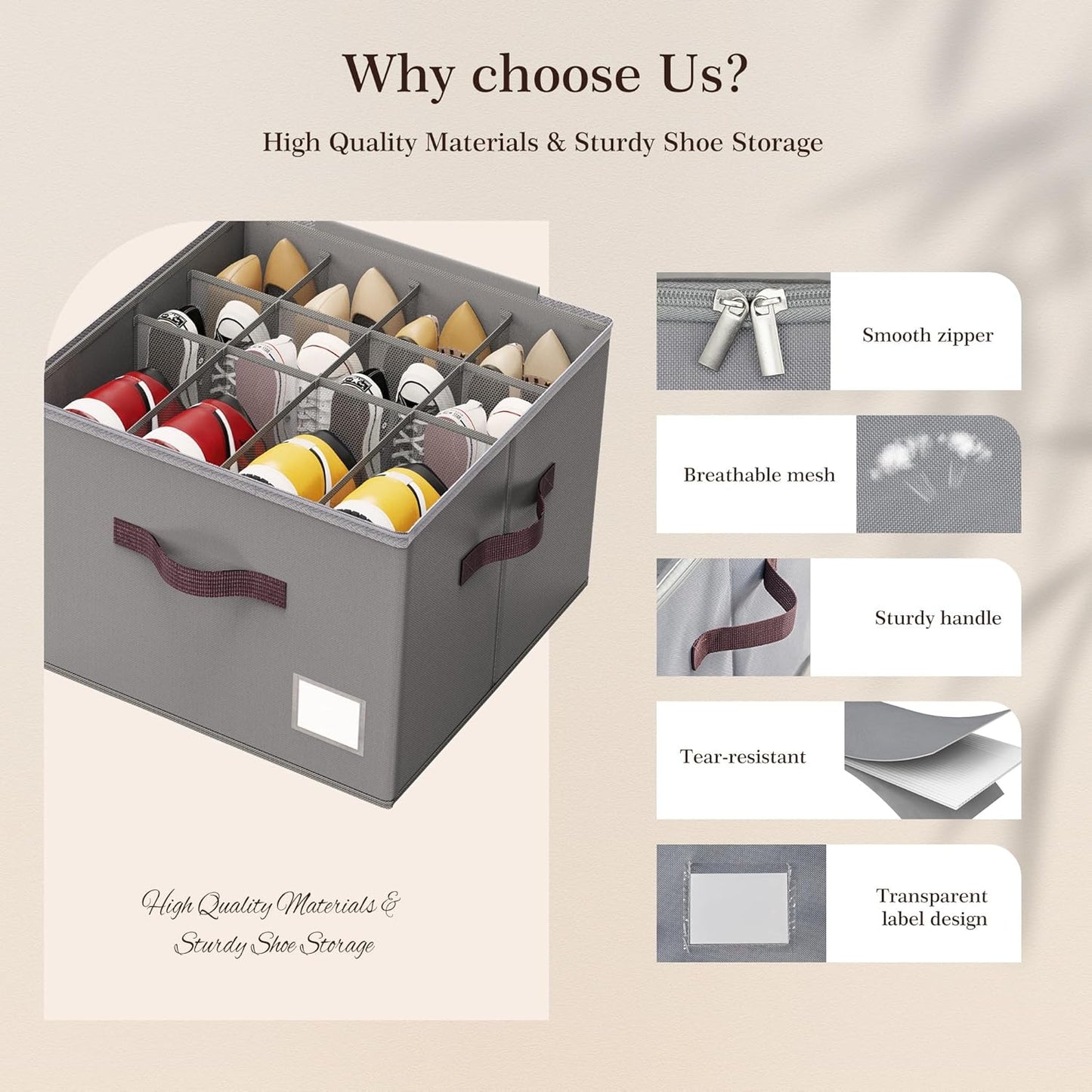 Criusia Shoe Organizer for Closet, 2 Pack Shoe Organizer with Transparent Cover and Sturdy Handles, Closet Shoe Storage for Sneakers Sandals Slippers, Fit 12-16 Pairs, Gray