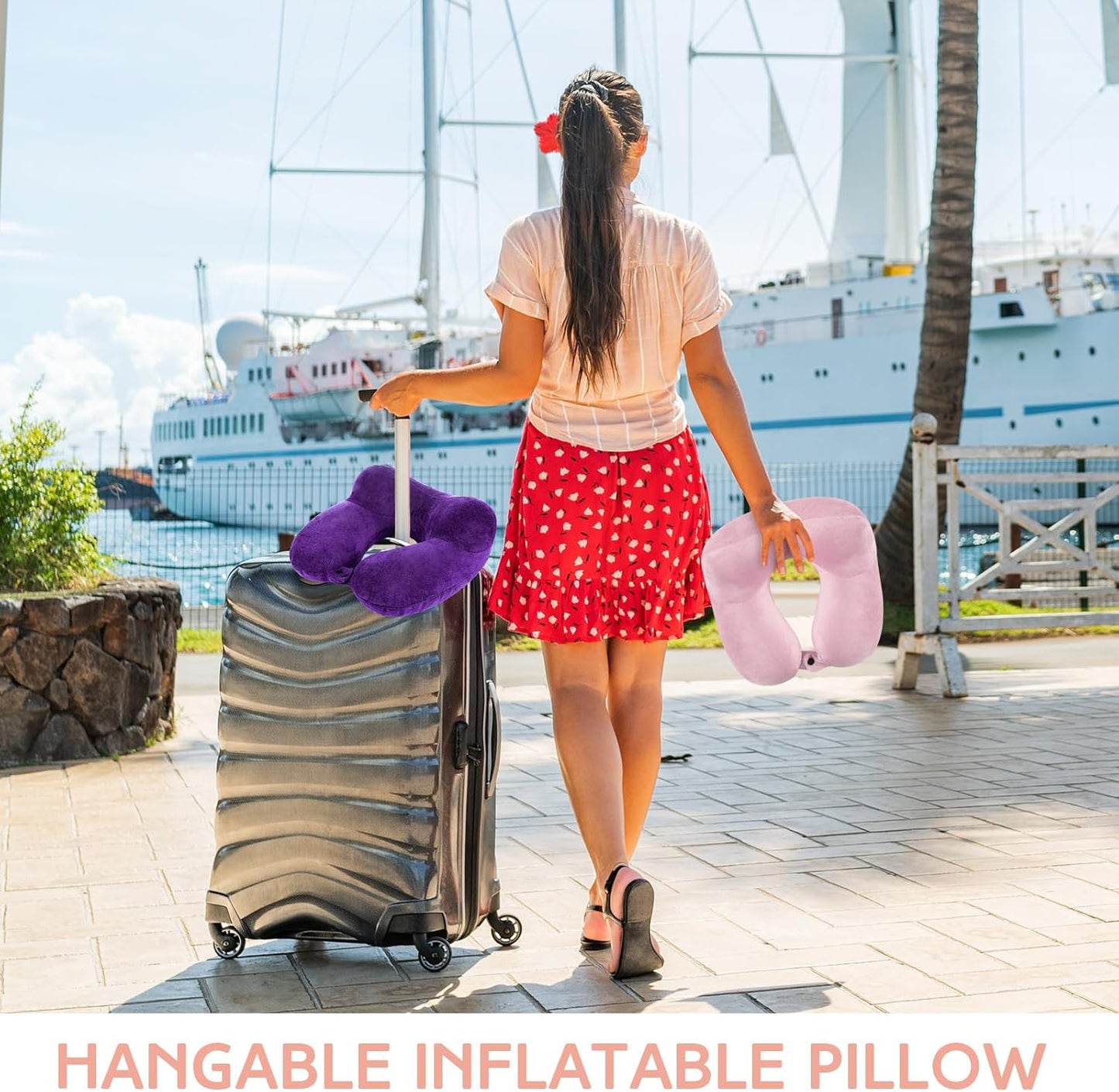 Sintuff 2 Pack Inflatable Travel Pillow for Airplanes Inflatable Neck Flight Pillows with Compact Bag and Blindfold for Traveling, Airplane, Train, Car, Office(Light Pink and Violet)