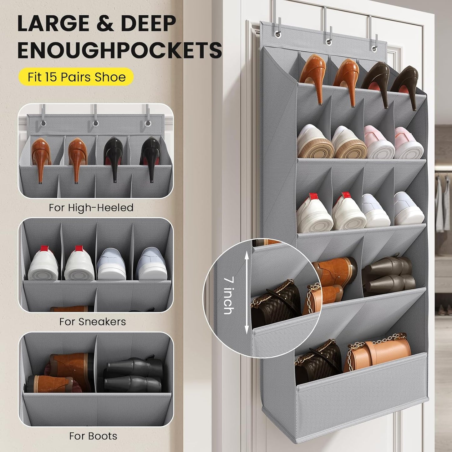 Over the Door Shoe Organizer for Closet, Shoes Rack for Closet with 15 Large Pockets, Hanging Shoe Organizers for Boot Storage, Behind the Door Narrow Shoe Holder for Small Shoes, Grey
