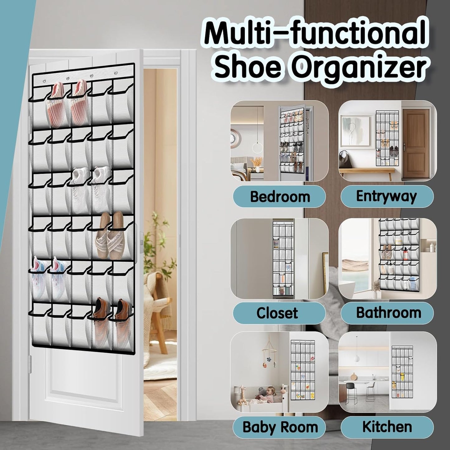 Over the Door Shoe Organizer with 30 Breathable Mesh Pockets - Large Capacity Closet Storage for Men & Women, Hanging Shoe Rack Organizer (White)