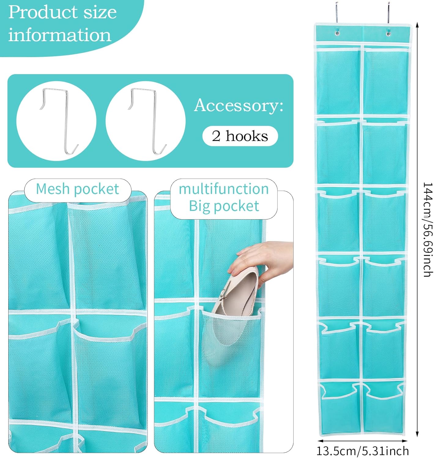 Over the Door Hanging Shoe Organizer, 12 Pockets, Turquoise