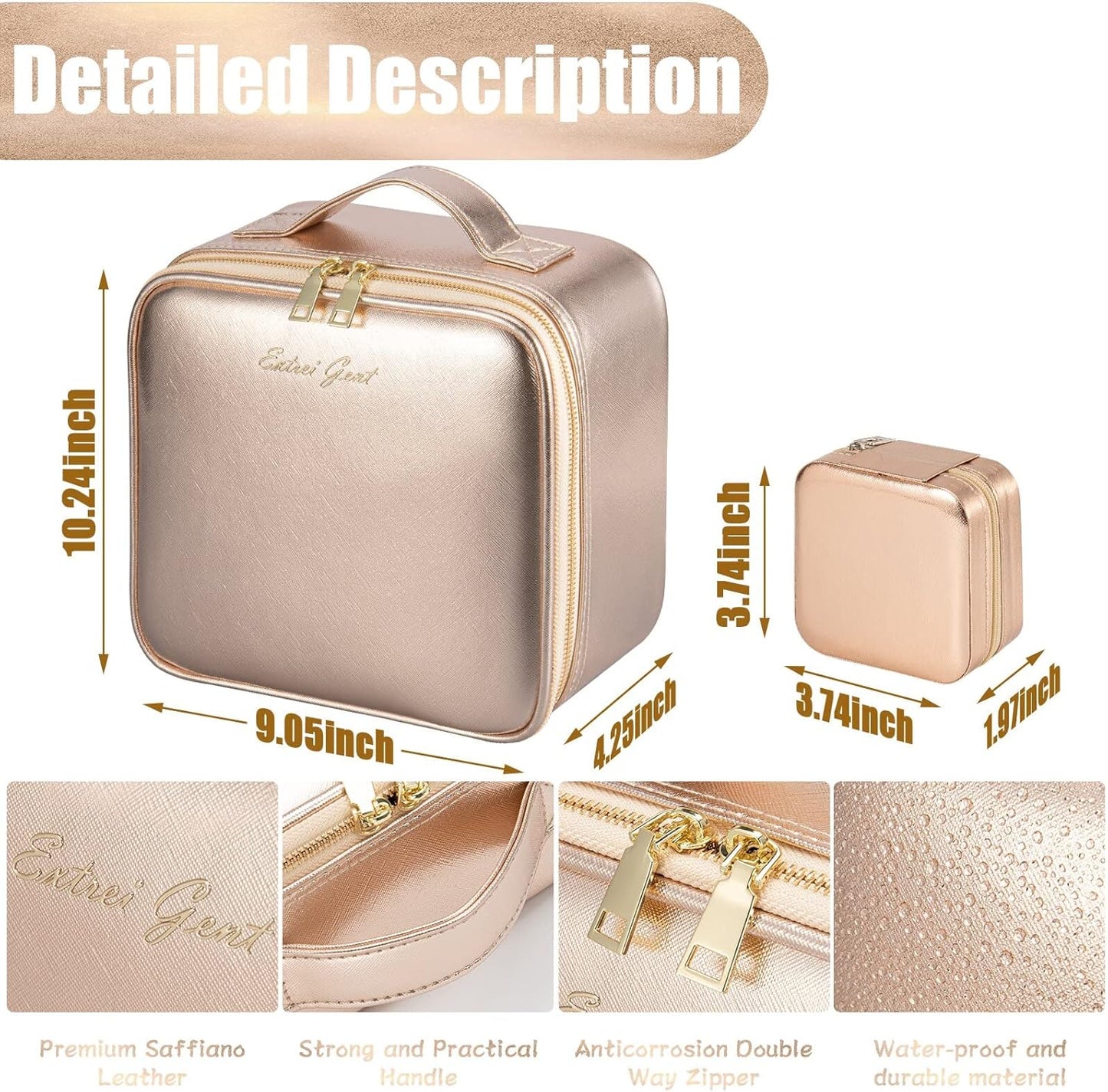 Makeup Travel Train Case with Mirror LED Light 3 Adjustable Brightness Large Cosmetic Bag Portable Storage Adjustable Partition Waterproof Make up Brushes Makeup Jewelry Gift for Women