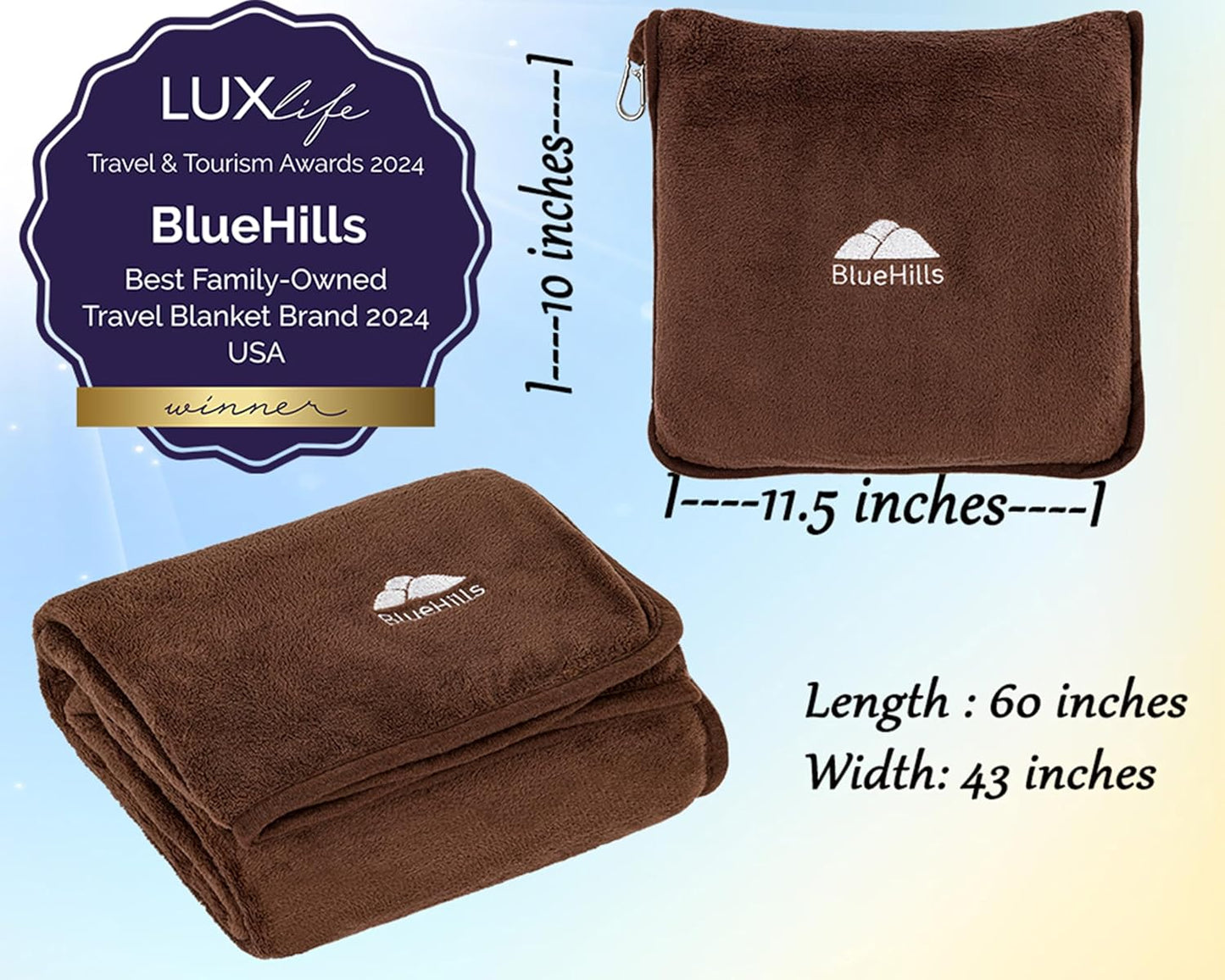 BlueHills Premium Soft Travel Blanket Pillow Airplane Blanket Soft Bag Pillow case with Hand Luggage Belt and Backpack Clip Compact Pack Large Portable Throw Air Plane Flight Travel (Brown T009)