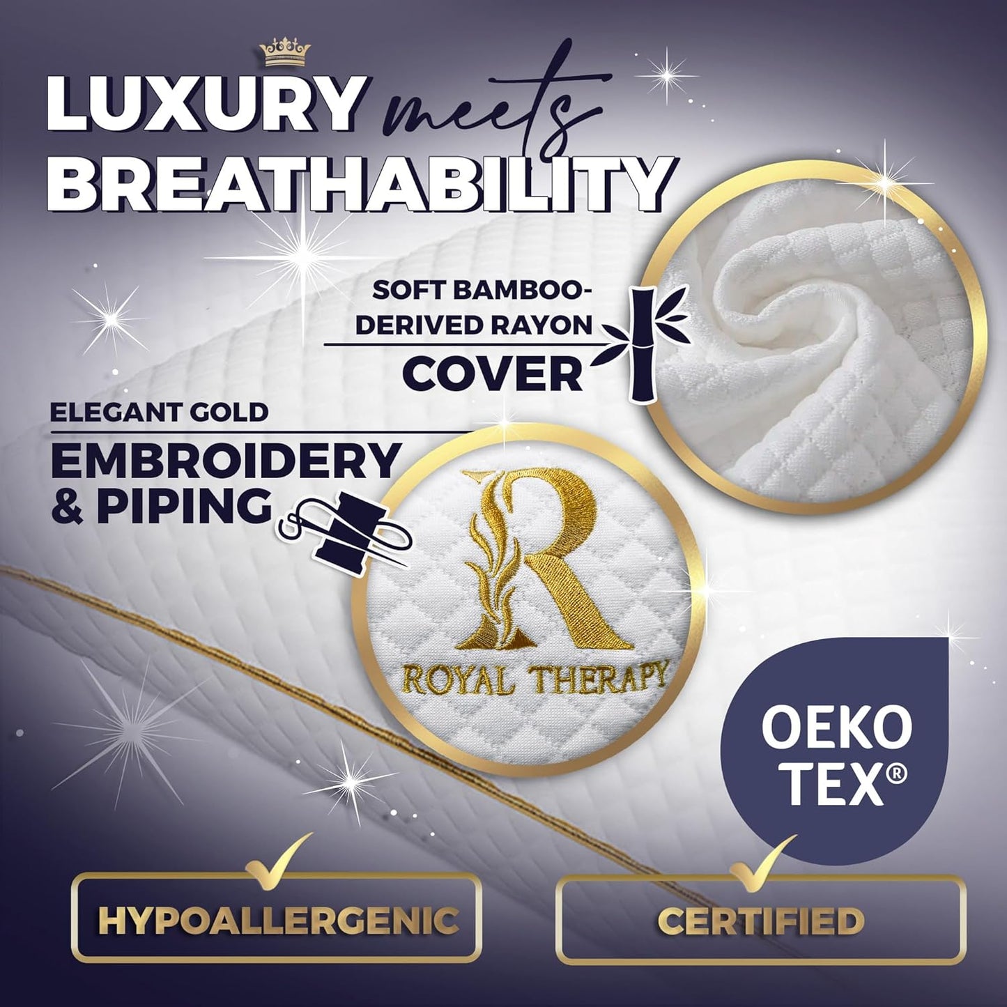 Royal Therapy King Memory Foam Pillows - Shredded Memory Foam Pillow for All Sleep Positions - Medium Firm Pillow with Adjustable Loft - Bamboo-Derived Rayon Cover - CertiPUR-US & Oeko-TEX Certified