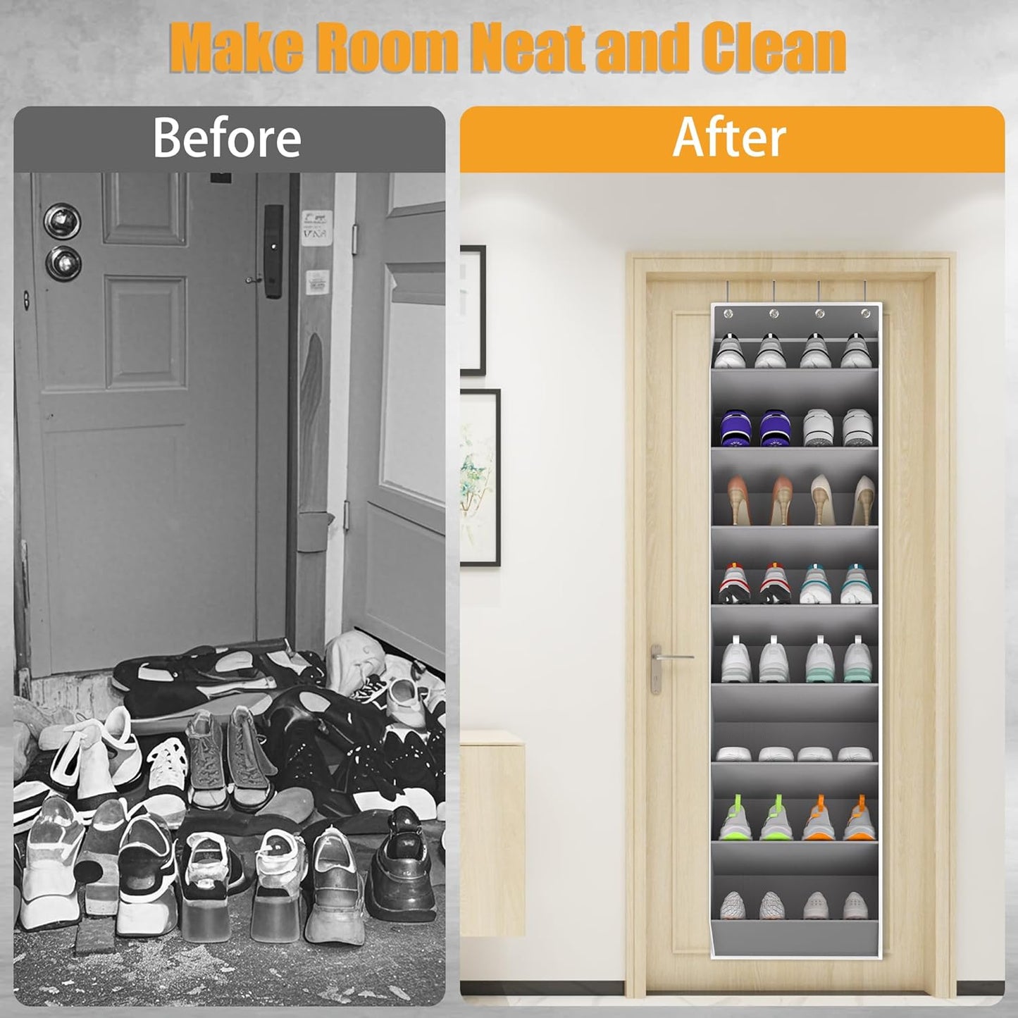 Over The Door Shoe Organizer Storage Fit 16-24 Pairs Hanging Shoe Rack Organiser for Closet Door, Deep Pocket Shoe Holder for Sneakers,Boots Storage(1 Pack Gray)