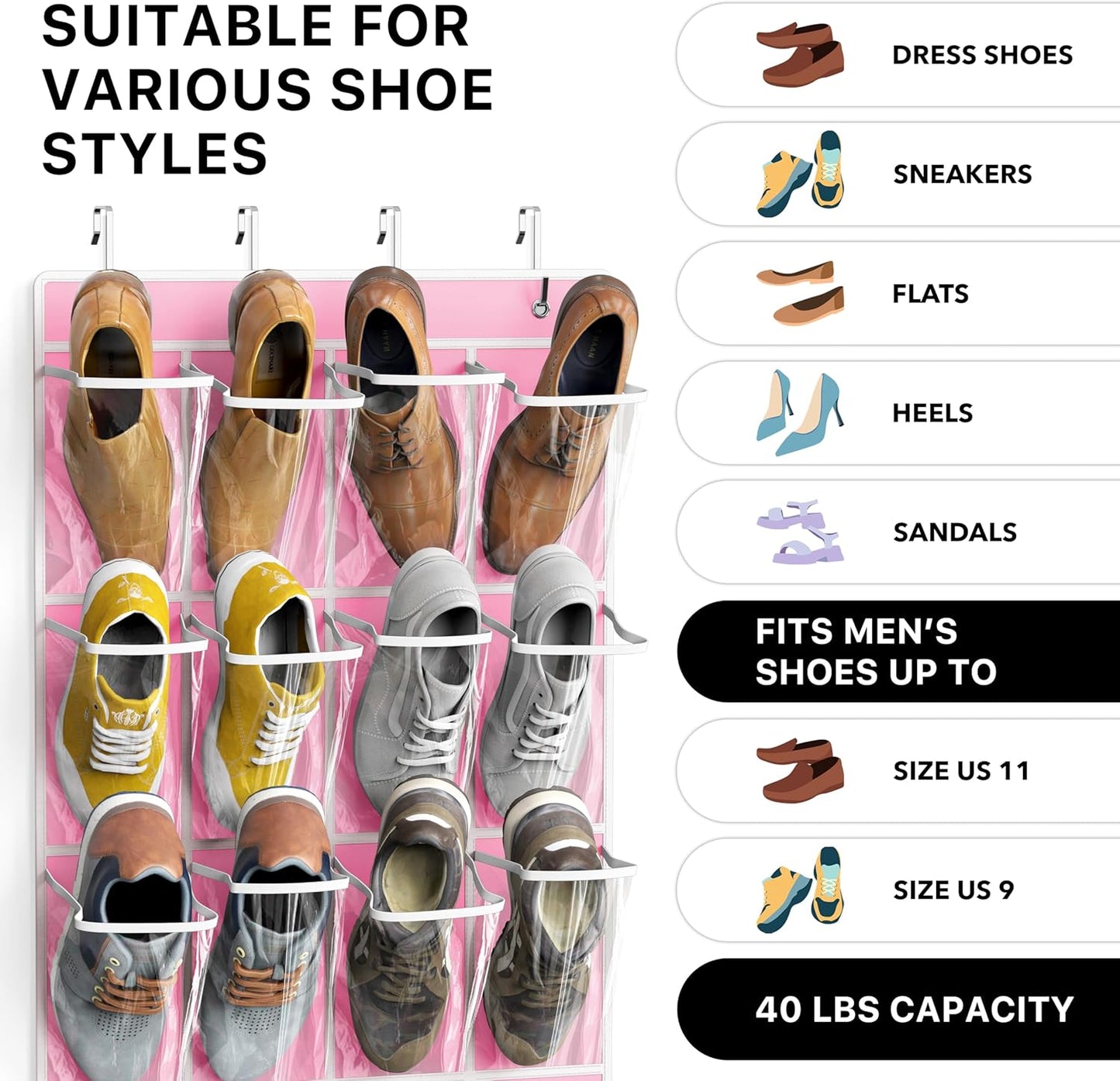 Simple Houseware 24 Pockets Large Clear Pockets Over The Door Hanging Shoe Organizer, Pink (56" x 22.5")