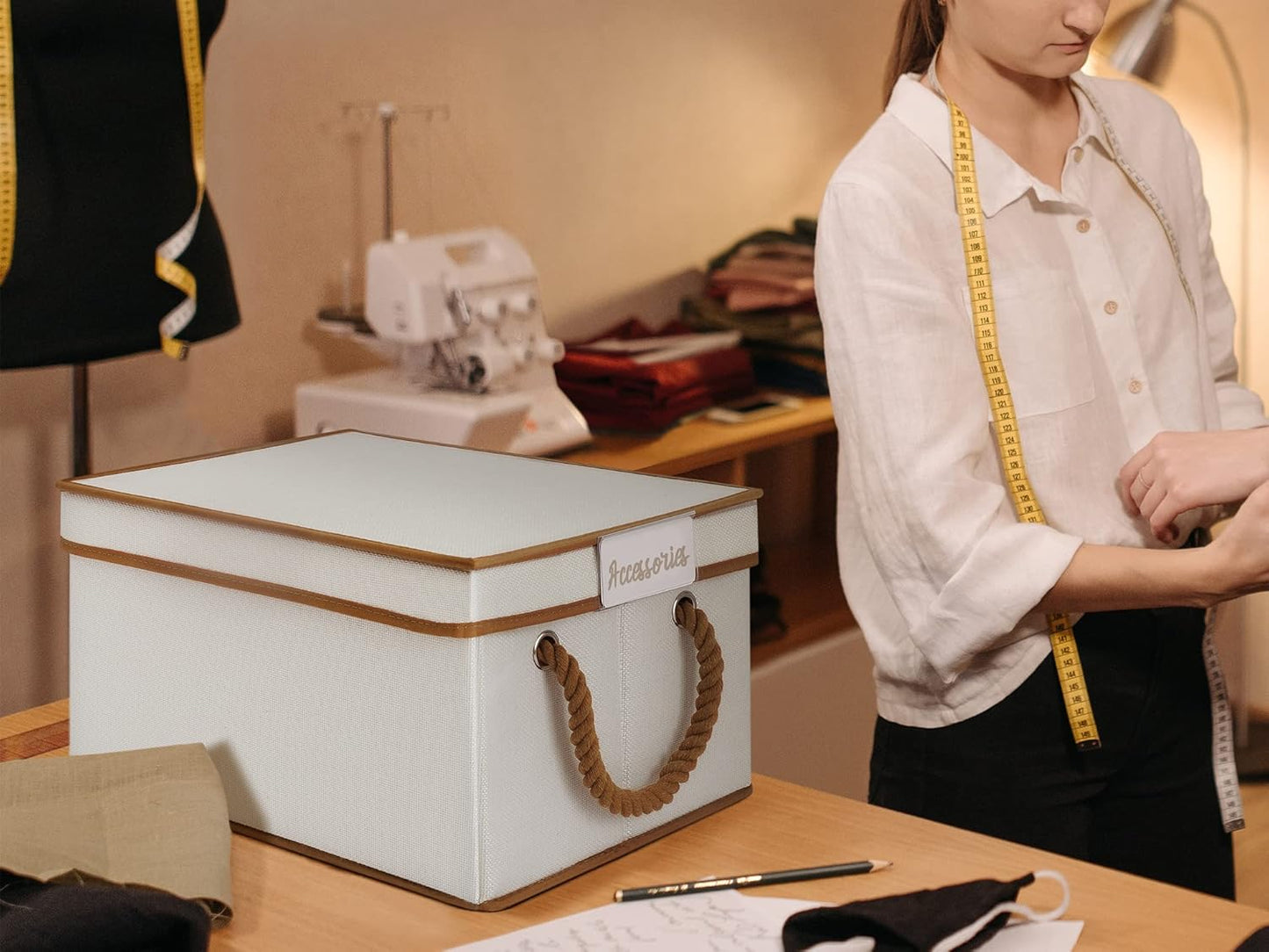 LoforHoney Home Fabric Storage Bins with Lids for Organizing, Foldable Closet Storage Boxes for Shelves, Clothes Baskets with Cotton Rope Handles, Large, Beige & Brown, 2-Pack