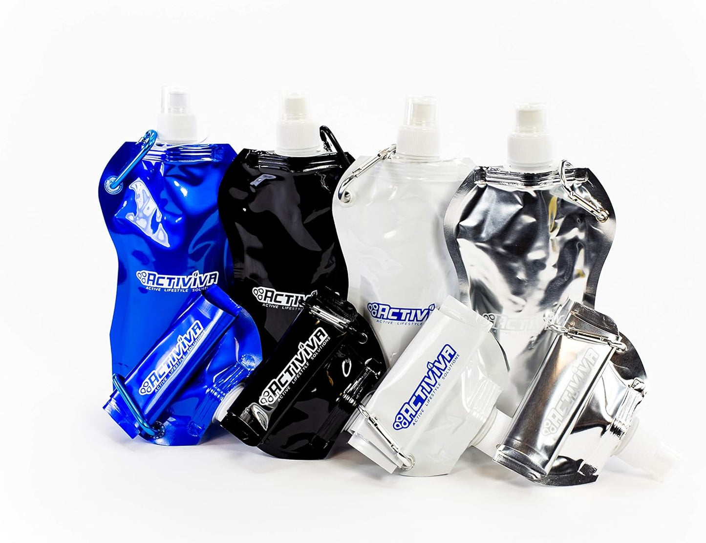 Collapsible Reusable Water Bottle with Carabiner Clip by Activiva - Light Weight Leak Proof Foldable Drinking Water Bottle - Non-Toxic BPA Free - 16.9 oz - 4 Pack